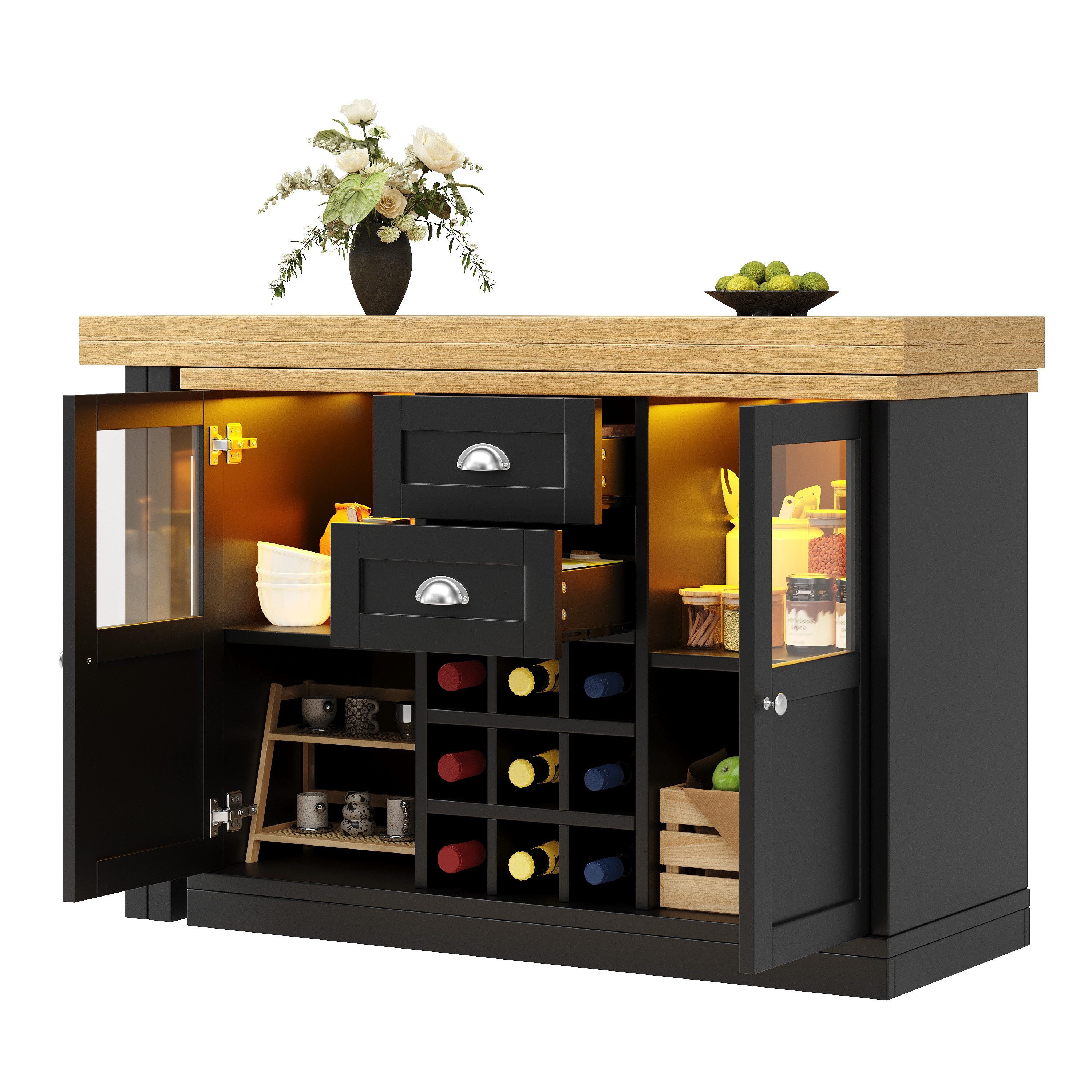 MODFU Bartisch für Küche und Wohnbereich (mit 3-farbiger LED-Beleuchtung, 120-197cm, 360° drehbar, mit Stauraum & Weinregal, Weiß/Schwarz., 1-St., 120-197*40*72cm(L x B x H), mit Stauraum