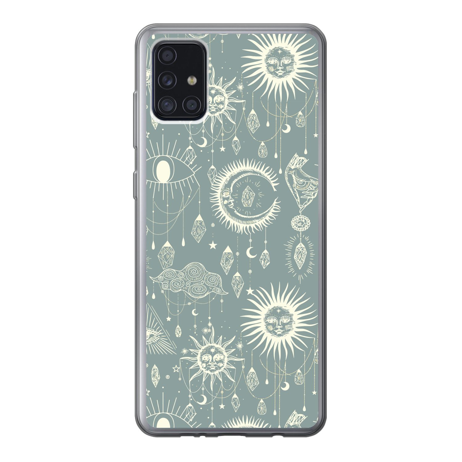 MuchoWow Handyhülle für Samsung Galaxy A52 5G Boho - Druck - Blau - Sonne - Augen - Zen, Smartphone-Bumper, Print, Handy Schutzhülle Dünn