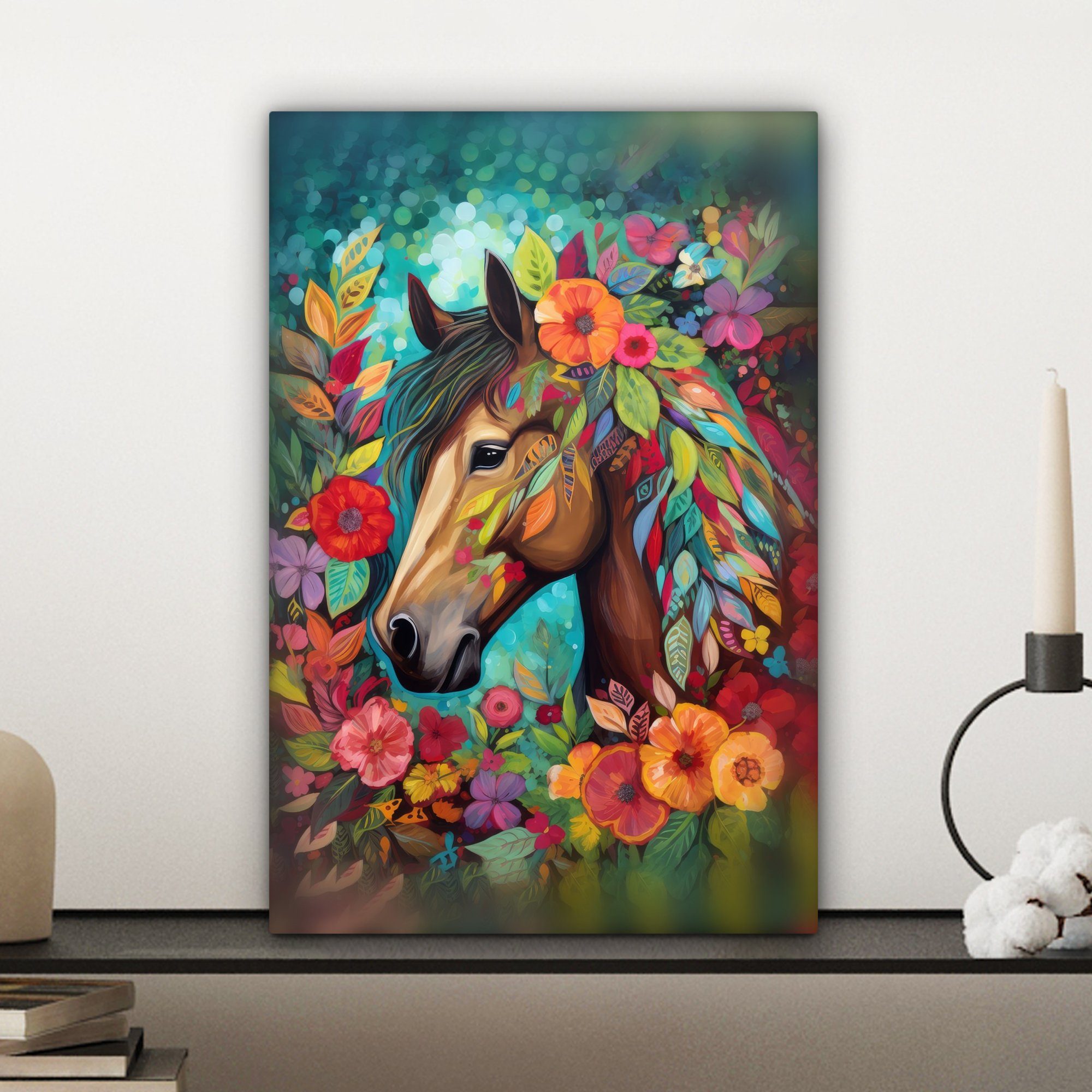 - Zackenaufhänger, Malerei Farbe, - Gemälde, - Leinwandbild fertig cm - St), bespannt (1 20x30 OneMillionCanvasses® Pferd Natur Leinwandbild Blumen inkl.
