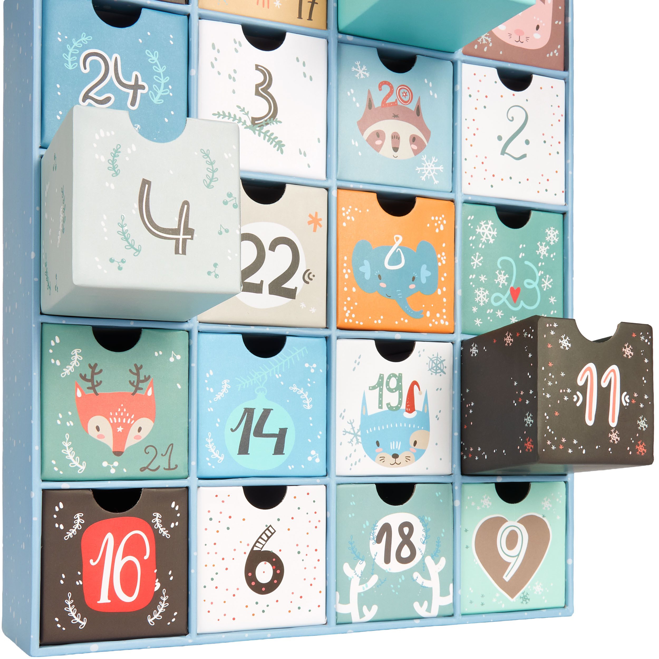 BRUBAKER befüllbarer Adventskalender Adventskalender zum Befüllen Weihnachtstiere Blau (24 Türchen, 1-tlg), DIY Weihnachtskalender - Kalender Weihnachten 39 cm groß aus Pappe