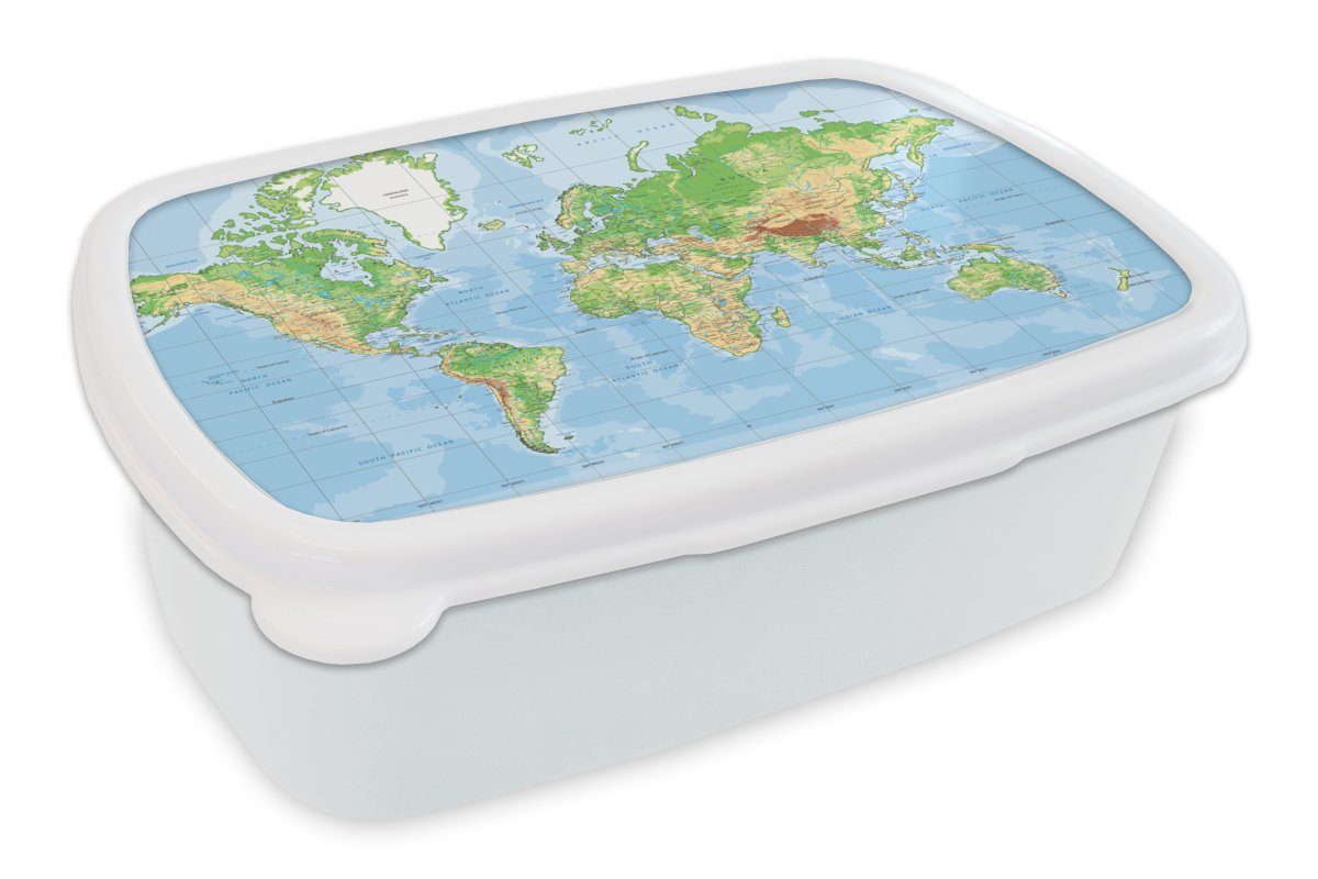 MuchoWow Lunchbox Weltkarte - Atlas Kunststoff, für Brotbox Erwachsene, und Kinder und (2-tlg), Jungs Topographie, für Brotdose, weiß Mädchen 