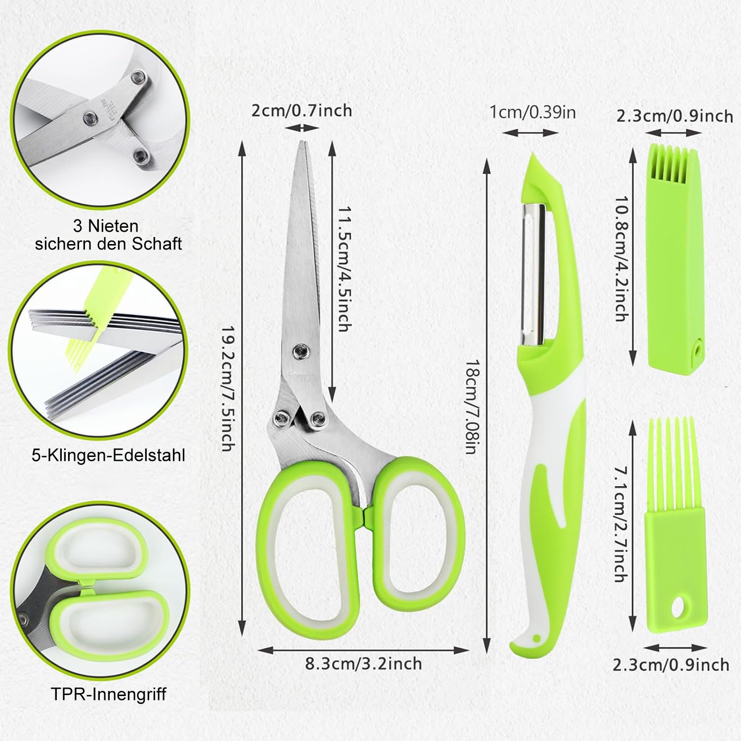 SURFOU Kräuterschere Edelstahl 5 Klingen Küchen Schnittlauchschere Gemüseschere, mit ReinigungKamm und Sicherheitsabdeckung Abstreiflöchern für Kräuter