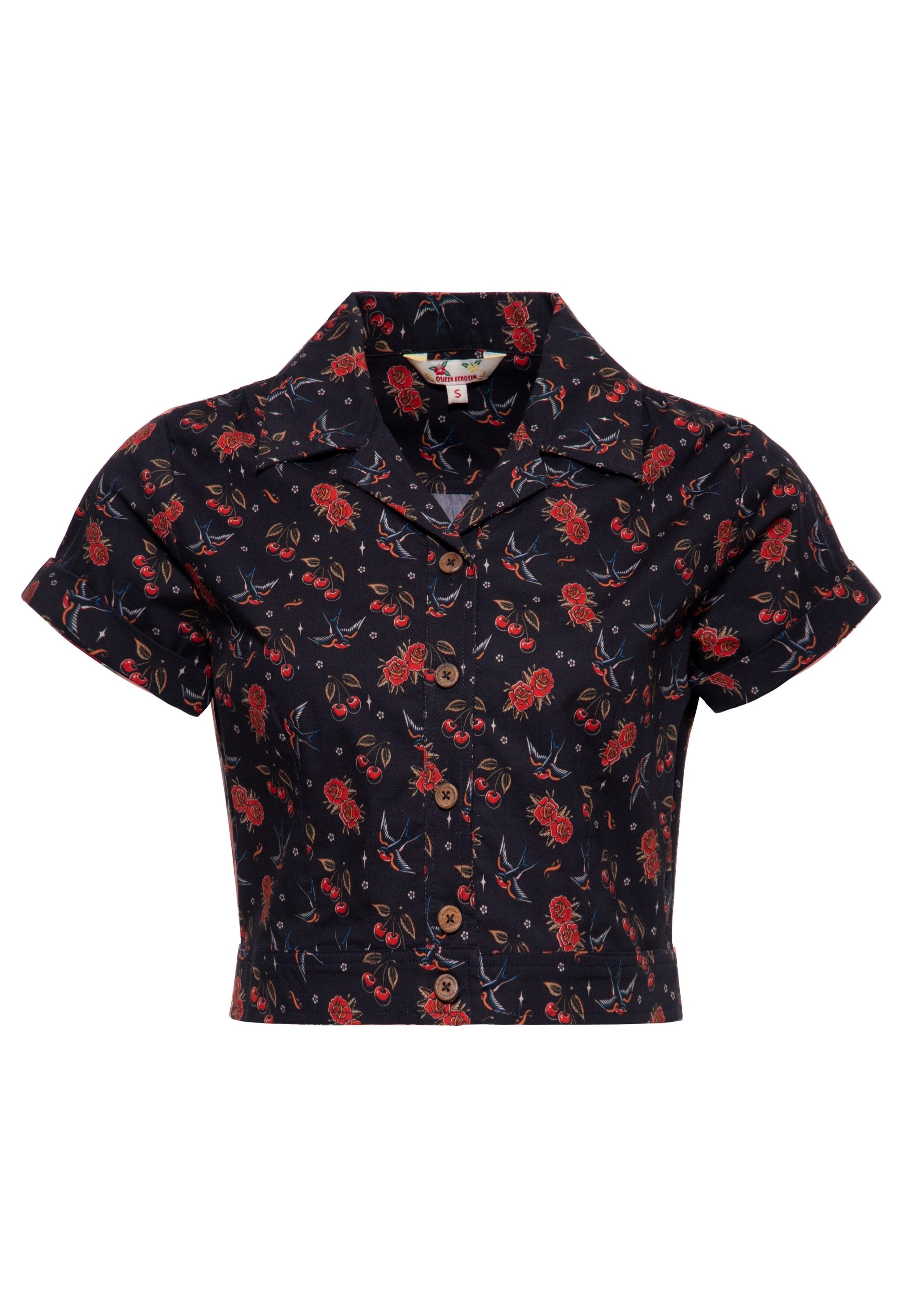 QueenKerosin Kurzarmbluse Cherries & Roses mit Allover-Print günstig online kaufen