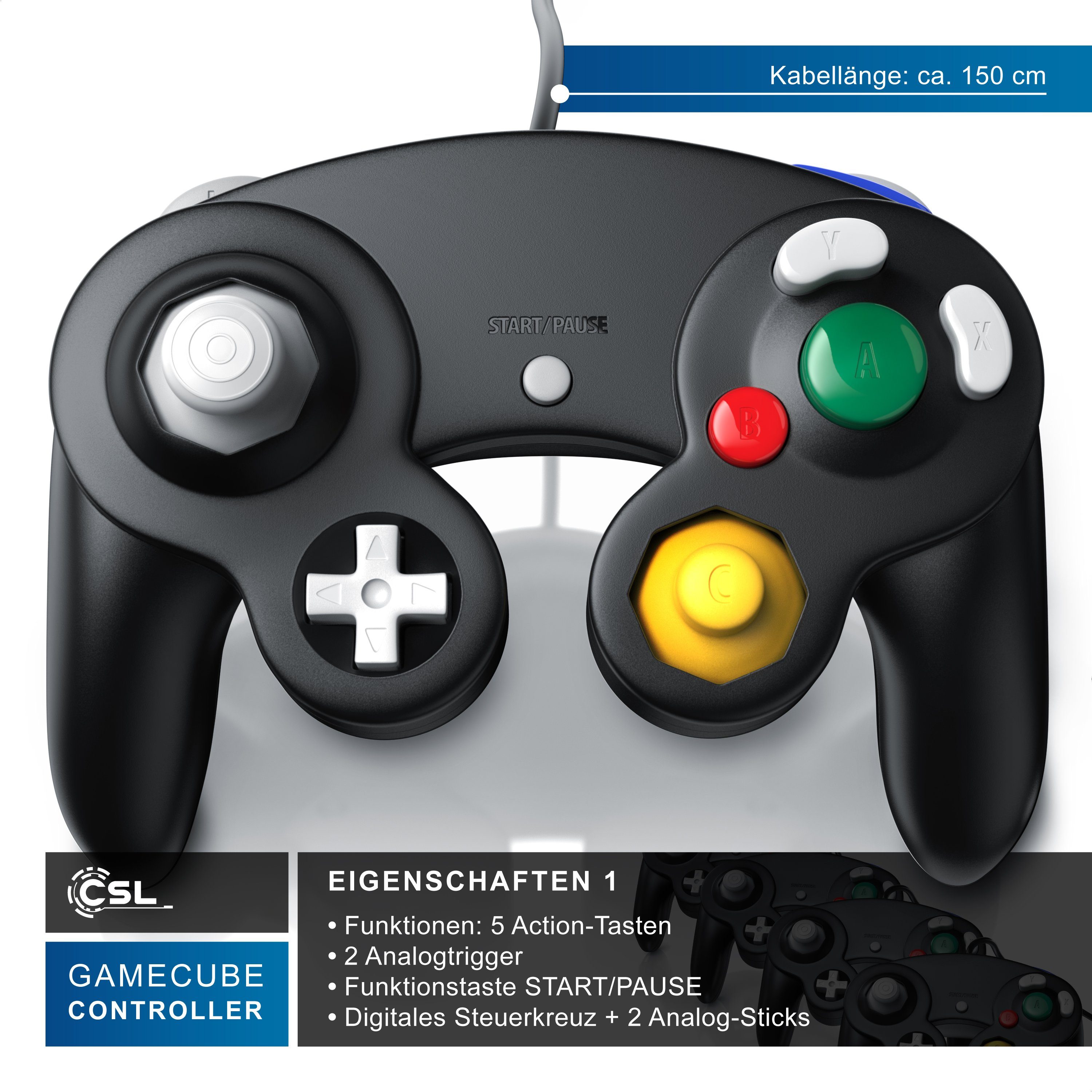 CSL Gamepad/ Joypad für Nintendo GameCube, Wii und Wii U, 1,5m Kabellänge Nintendo-Controller (1 St., Vibrationseffekt 5 Tasten 2 Analogtrigger, Steuerkreuz, Funktionstaste)