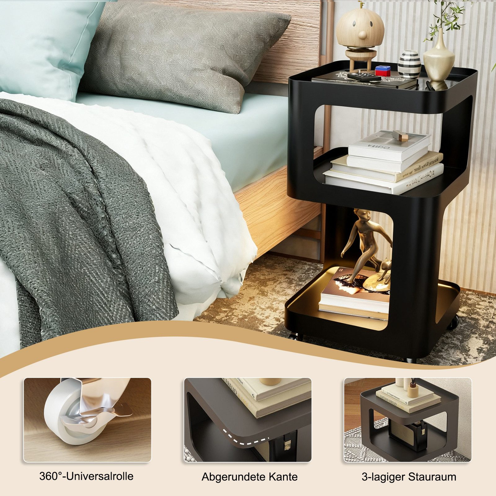 TWSOUL Beistelltisch Nachttisch Metallrahmen+Glasplatte, Sensor-LED&Rollen, günstig online kaufen