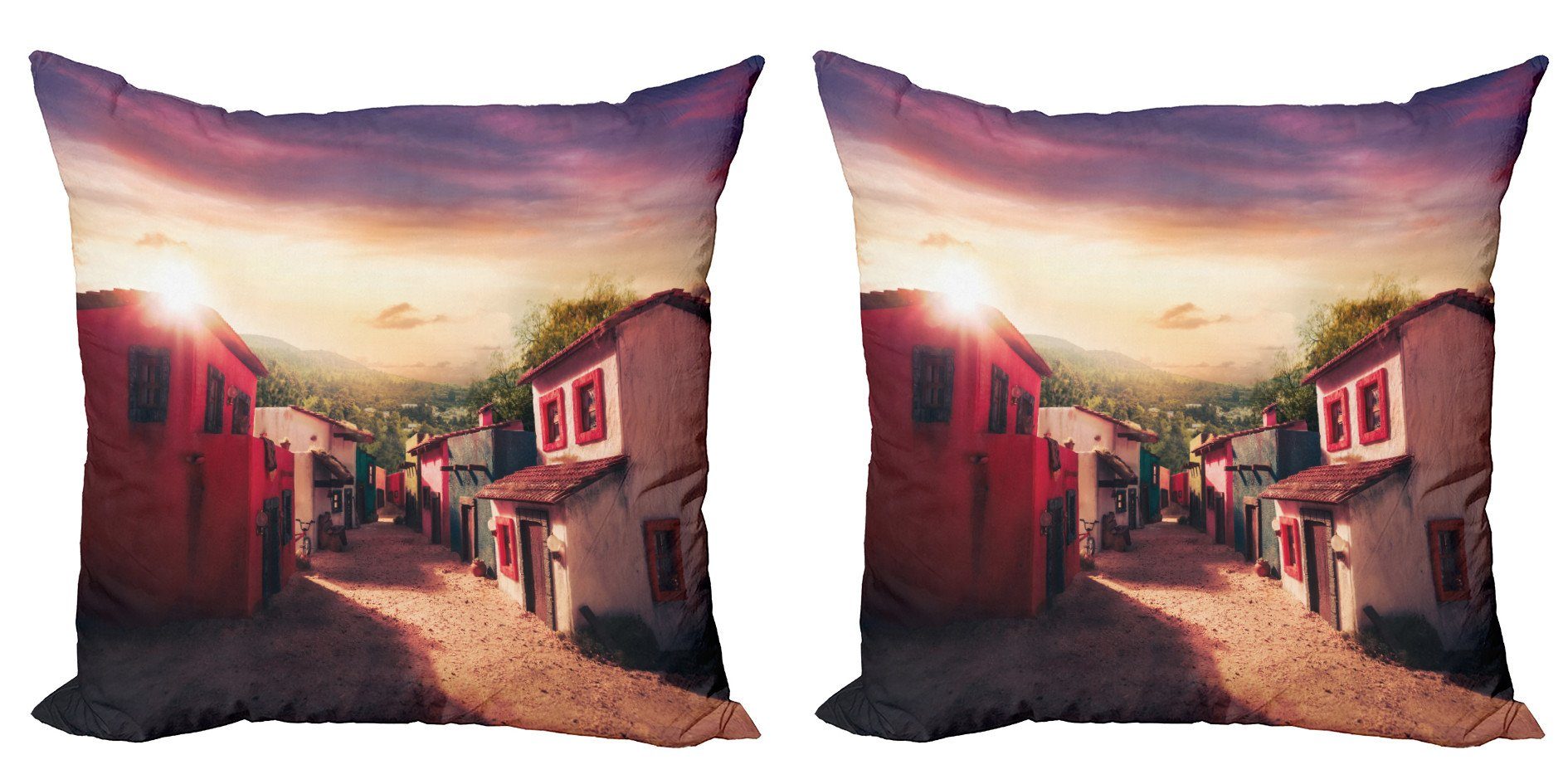 Kissenbezüge Modern Accent Doppelseitiger Digitaldruck, Abakuhaus (2 Stück), Stadt Alte Häuser Mexikanische Stadt Sonnenuntergang | Kissenbezüge