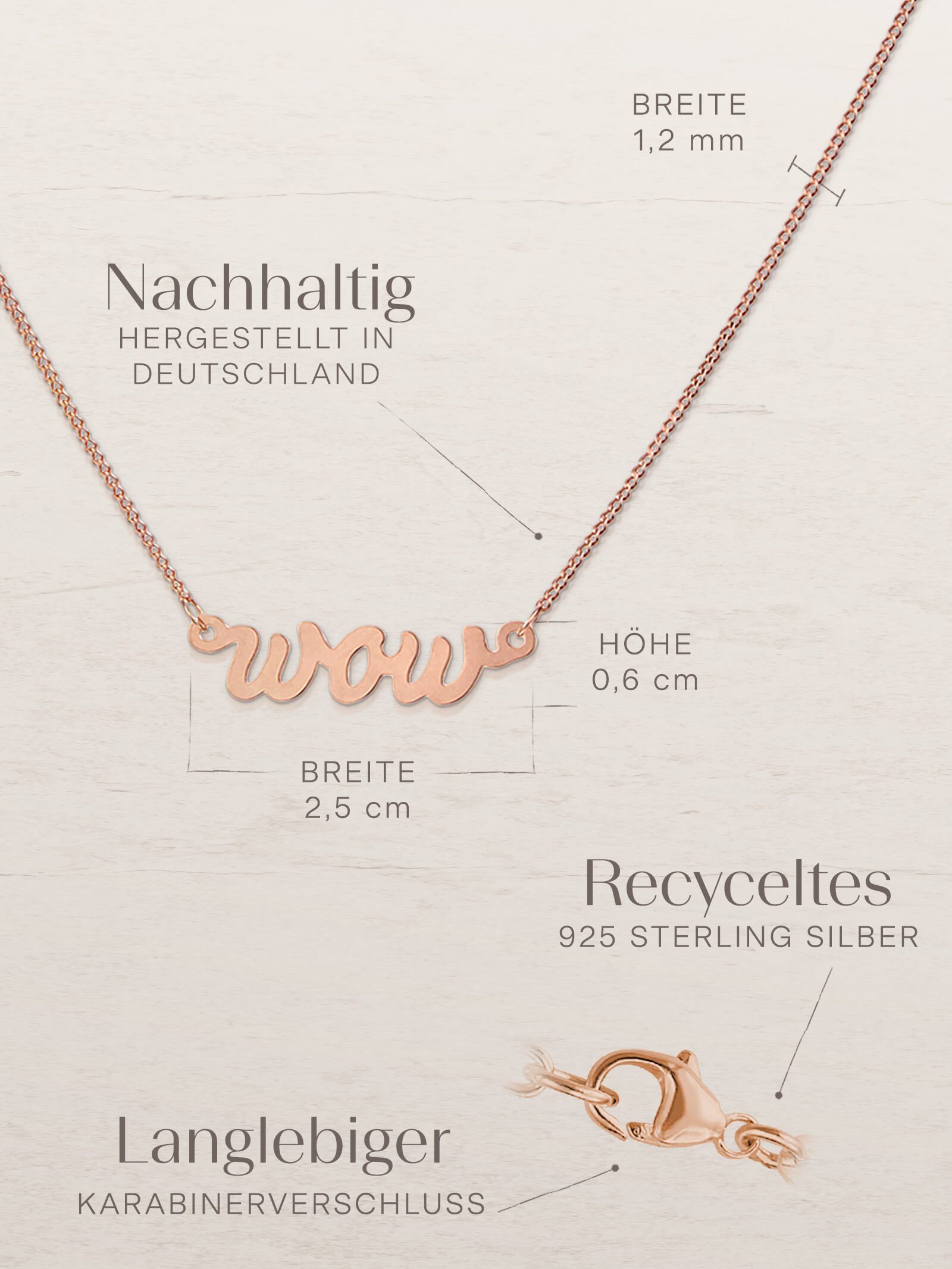 modabilé Kette mit Silberkette Damen - WOW 925 Halskette, mit 47cm Silber Roségold Schriftzug 42cm Sterling WOW Anhänger Vergoldet