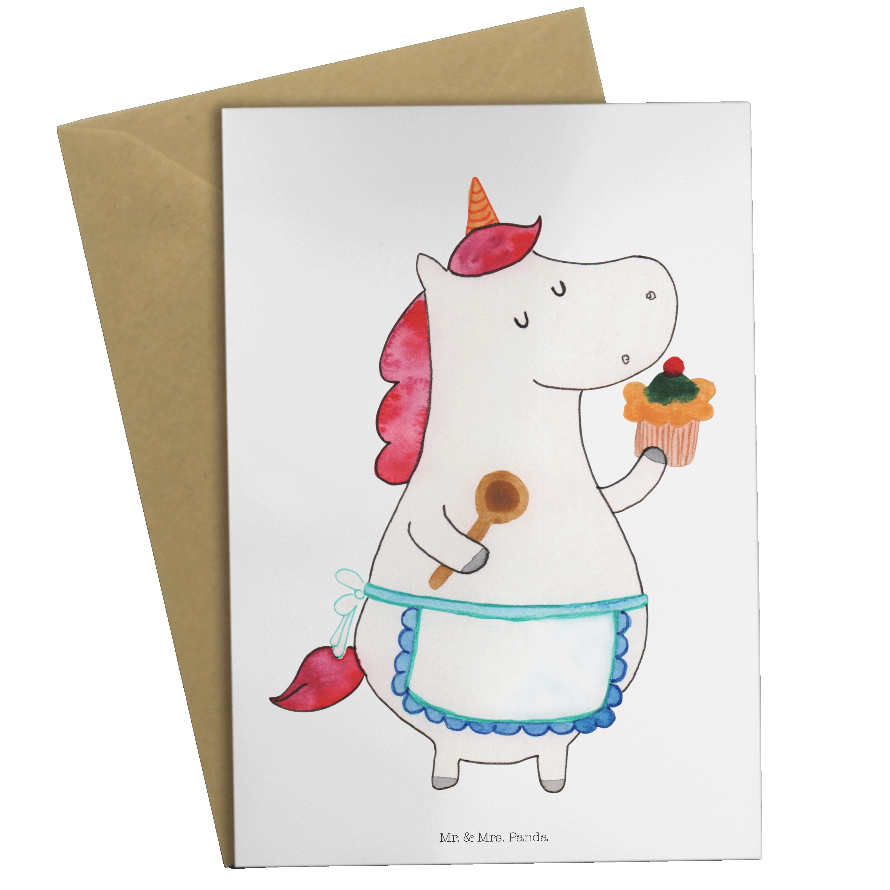 Mr. & Mrs. Panda Grußkarte Einhorn Küchenfee - Weiß - Geschenk, Unicorn, Einladungskarte, Pegasu