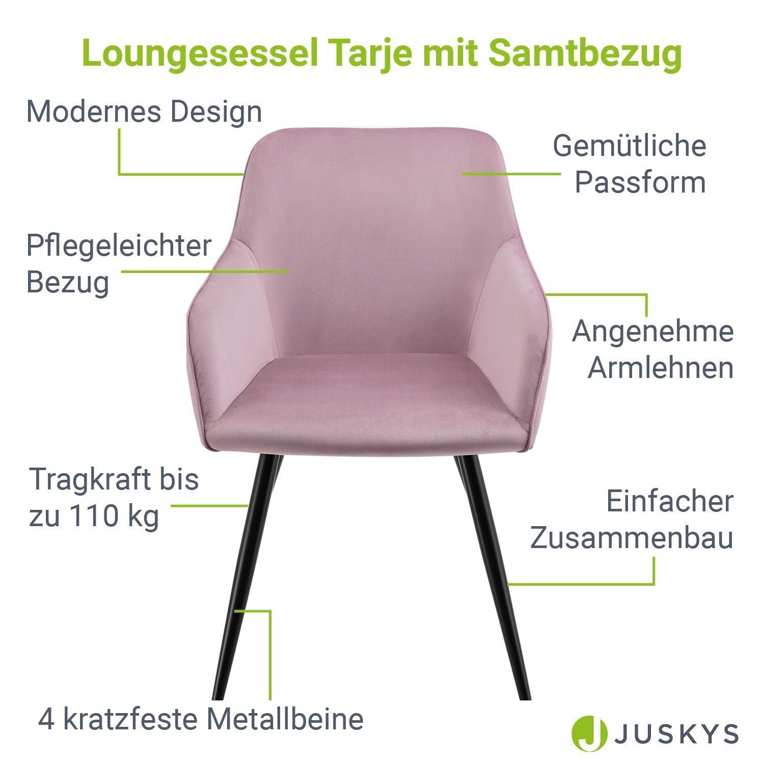 Juskys Loungesessel gemütliche Samtbezug, Tarje, mit kratzfeste Altrosa | Altrosa Metallbeine Passform