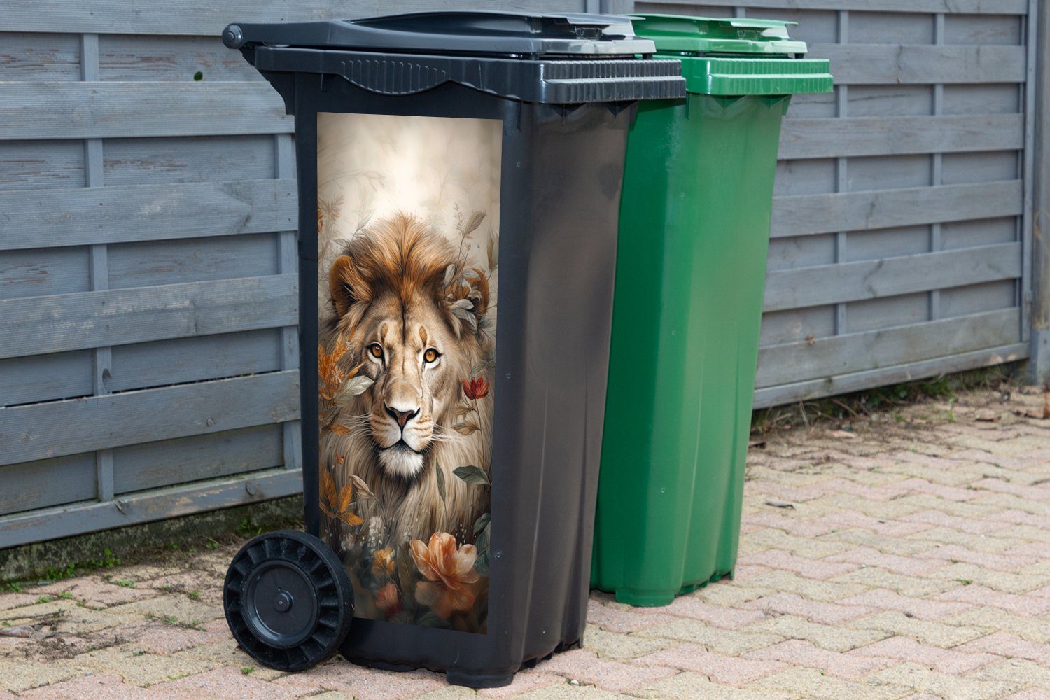 - Sticker, Container, MuchoWow Mülltonne, Wandsticker Blumen Mülleimer-aufkleber, (1 St), - Natur Pflanzen - Wildtiere Abfalbehälter Löwe -