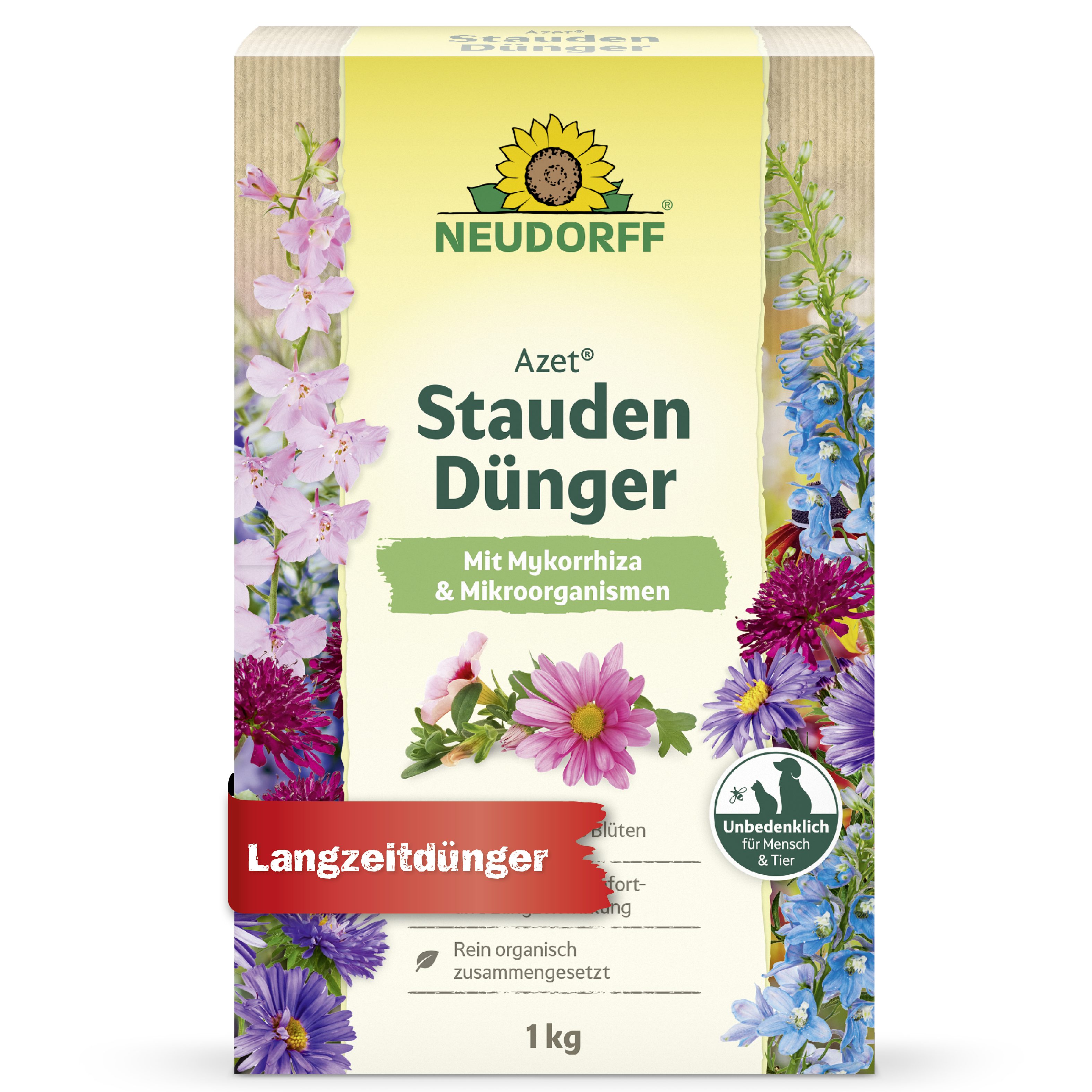 Neudorff Blumendünger Azet StaudenDünger 1 kg, Einzelartikel, StaudenDünger für farbenfrohe Blüten und kräftiges Wachstum, Mit Mykorrhiza & Mikroorganismen, bis zu 100 Tage Wirkung