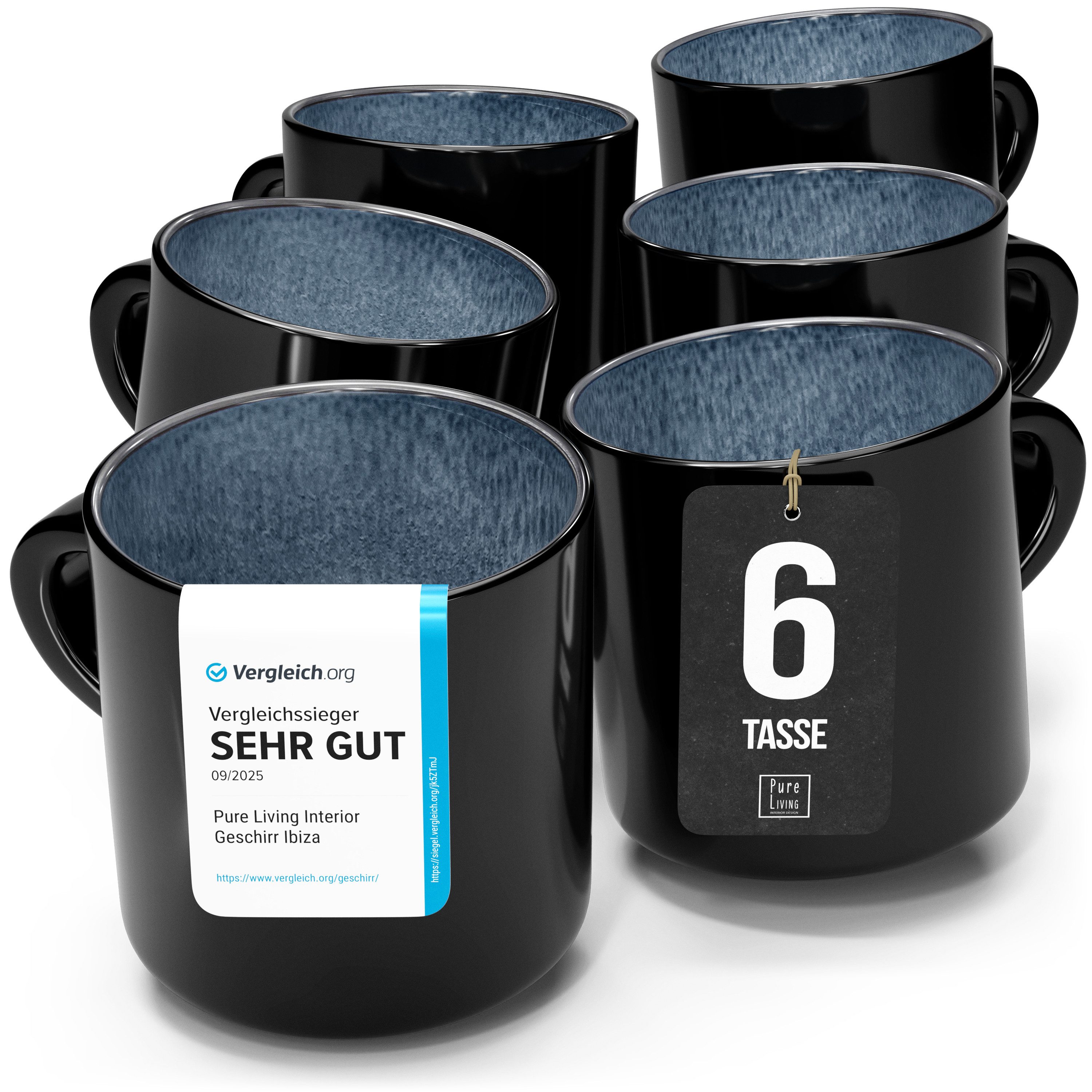 PURE LIVING INTERIOR DESIGN Geschirr-Set Ibiza Becher, 6er-Set, 350 ml, Graublau Steingut, 6 Personen, Steingut, Mediterrane Handwerksoptik, Reaktive Glasur – jedes Stück einzigartig…