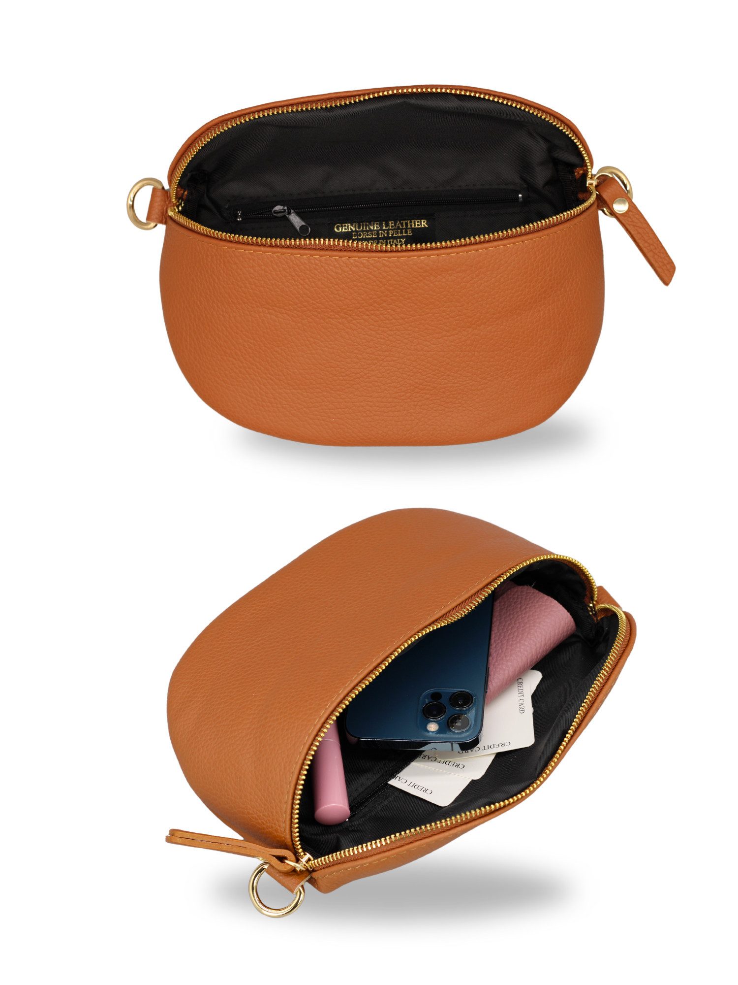 Adel Bags Bauchtasche Damen mit goldenem Reißverschluss, Bauchtasche Leder, hergestellt in Italien, mit 2 Riemen