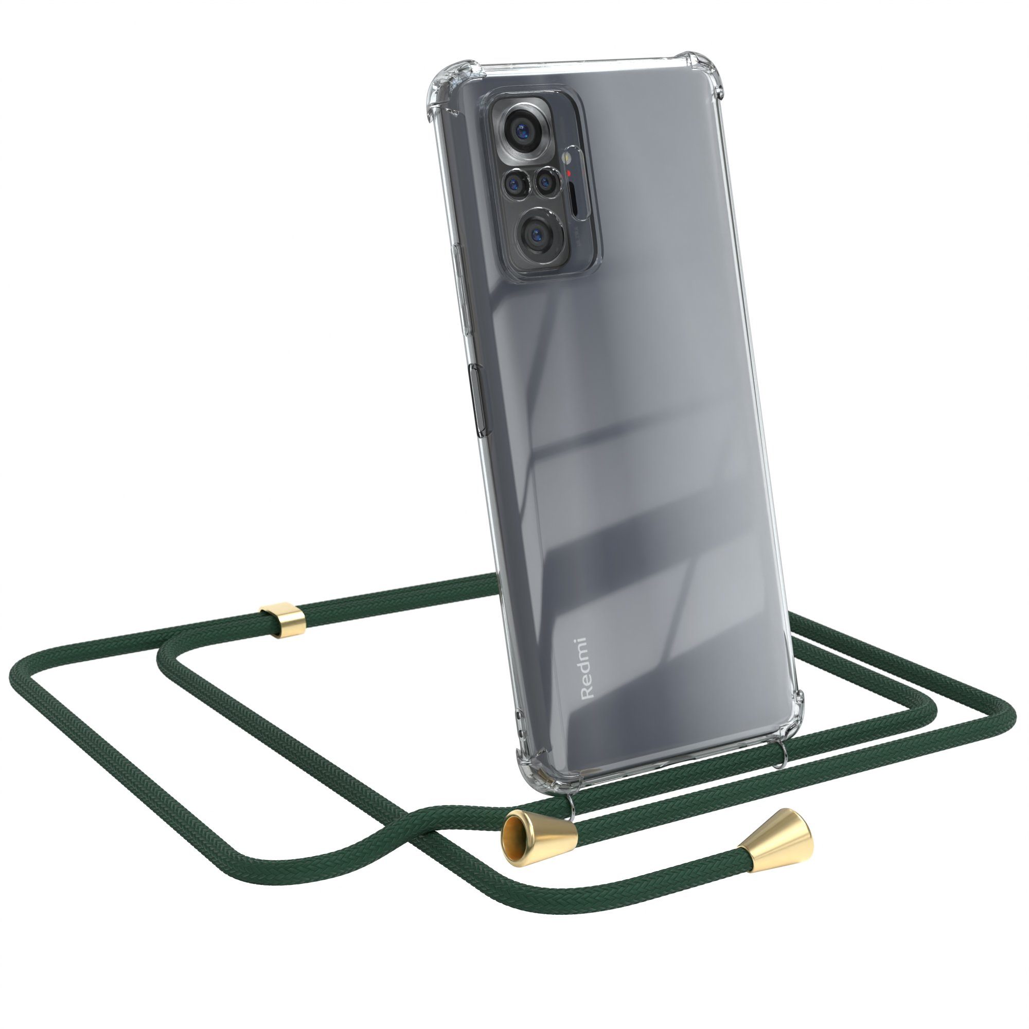 EAZY CASE Handykette Hülle mit Kette für Xiaomi Redmi Note 10 Pro 6,67 Zoll, Kettenhülle zum Umhängen Tasche Handykordel Slimcover Grün Clips Gold