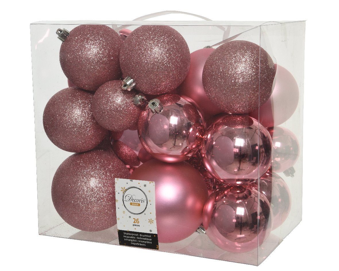 Decoris season decorations Weihnachtsbaumkugel, Weihnachtskugeln Kunststoff 6-10cm Mix 26er Set - Lippenstiftrosa
