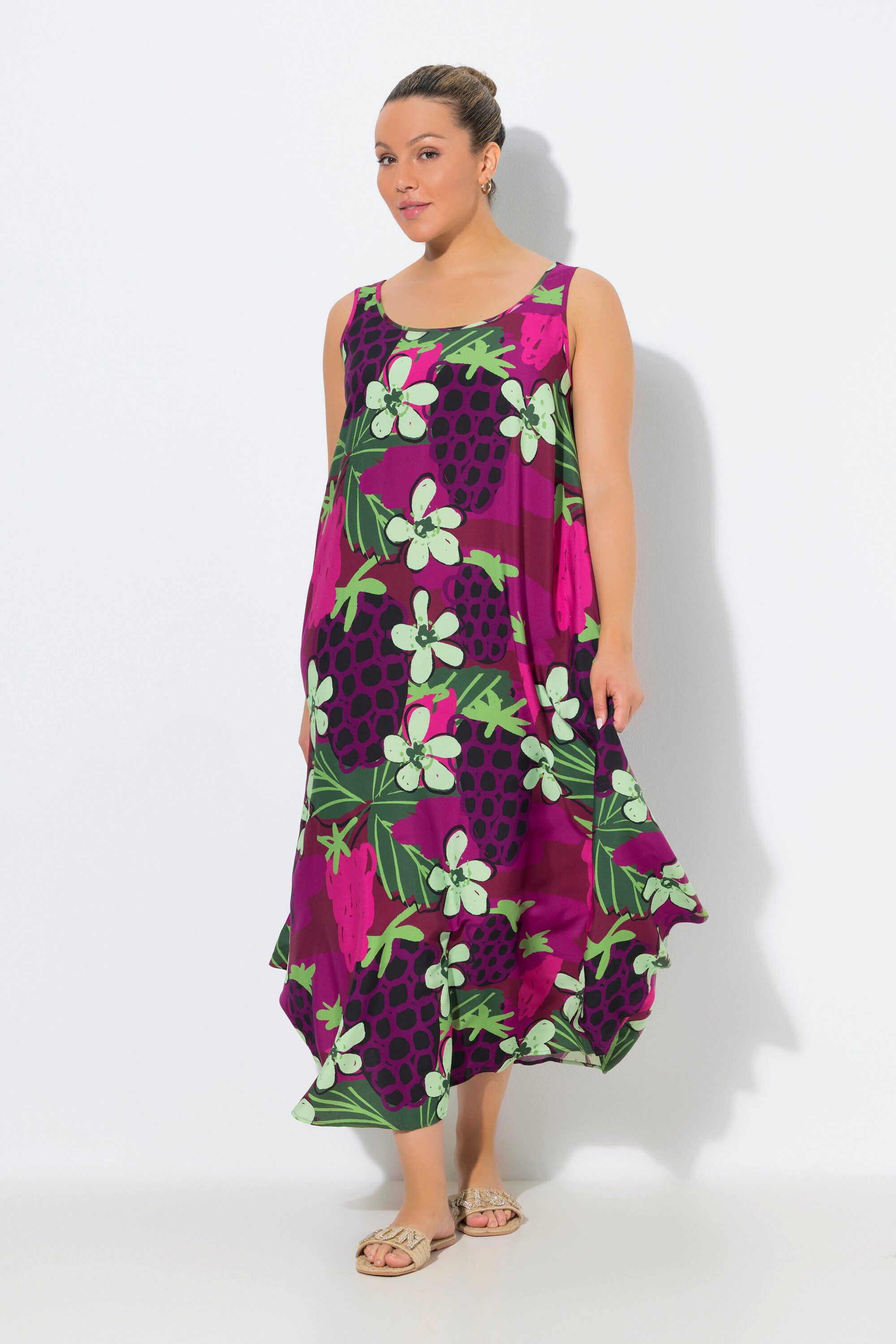 Ulla Popken Maxikleid Midikleid Blüten A-Linie Rundhals ärmellos