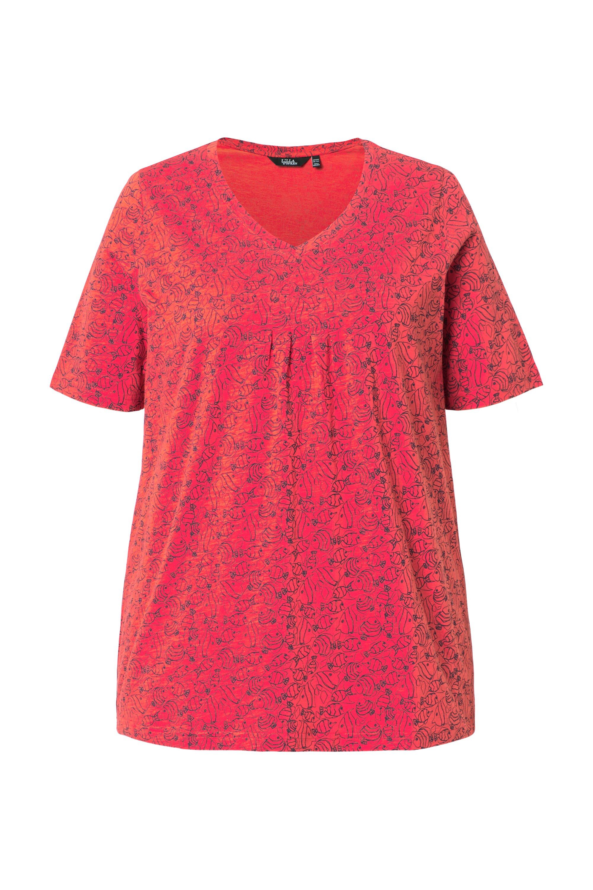 T-Shirt T-Shirt Fische Zierfalten V-Ausschnitt Halbarm
