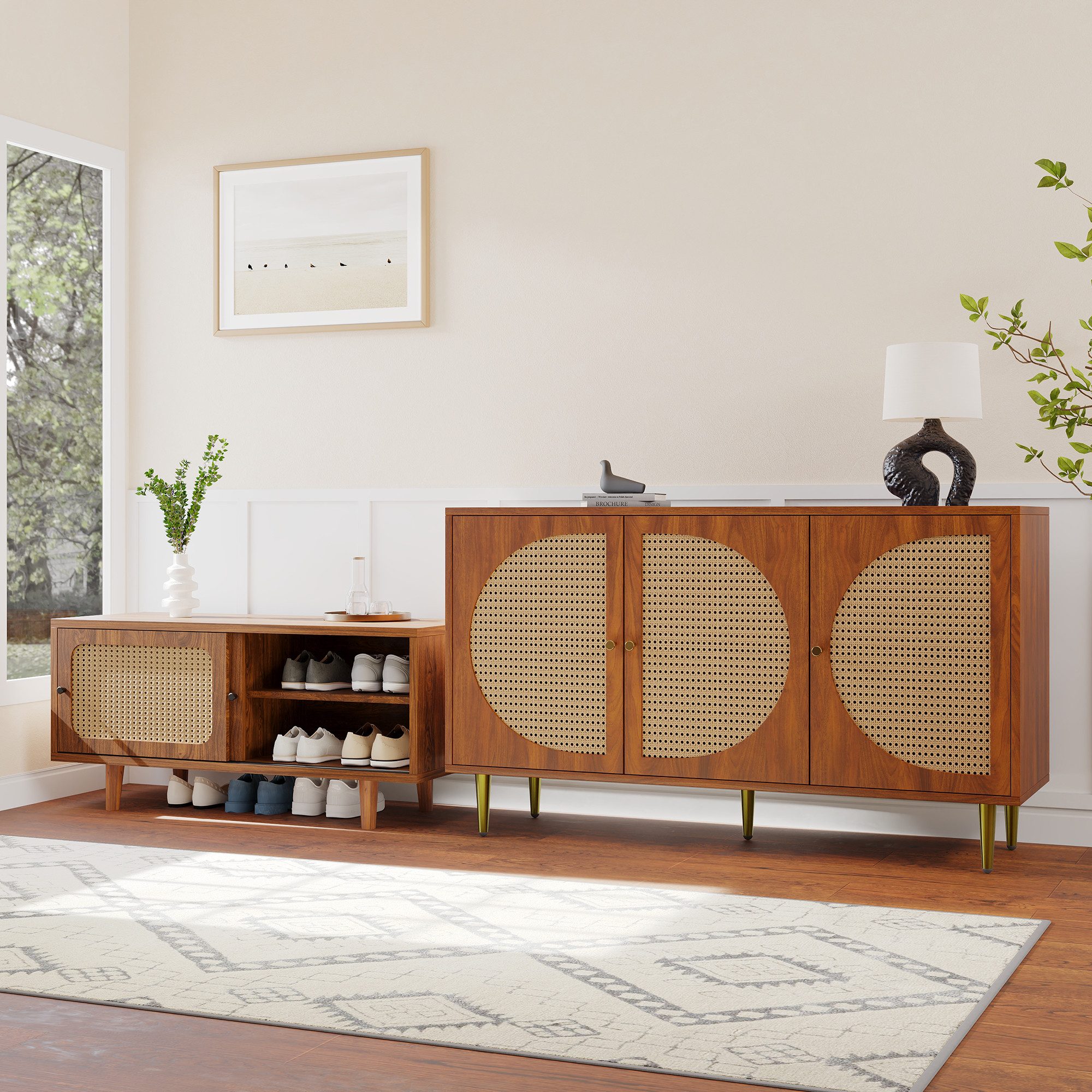 REDOM Wohnzimmer-Set Rattan Sideboard Set Walnussfarben mit, (2-St., Kommode 129.8*40*76cm,Schuhschrank 104*40*48cm), Kombination aus Rattan-Kommode und Schuhschrank