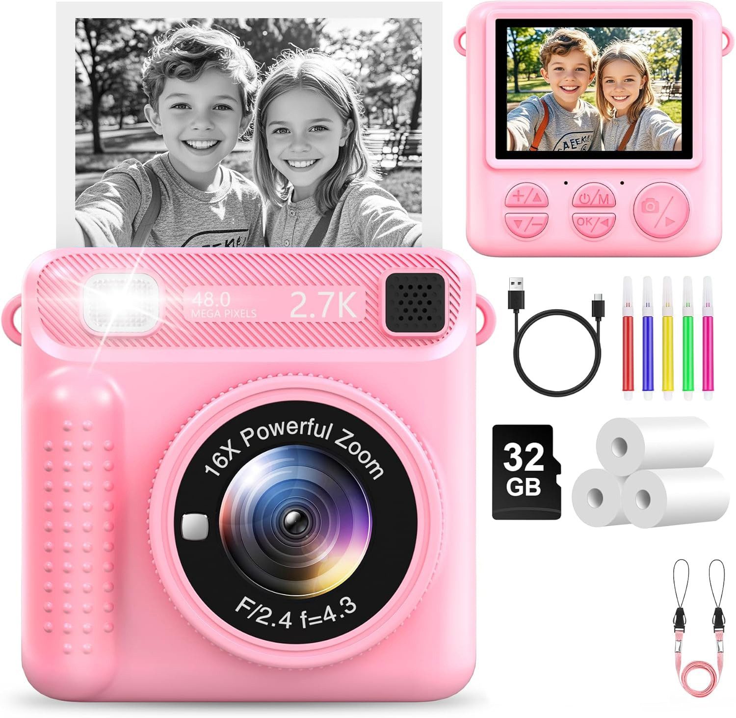 Coonoor Sofortbildkamera KinderKamera, 1080P 2,4 Zoll Bildschirm Kinderkamera (30 MP, mit 32G Karte & Druckpapier, Kinderspielzeug für 3-12 Jahren)