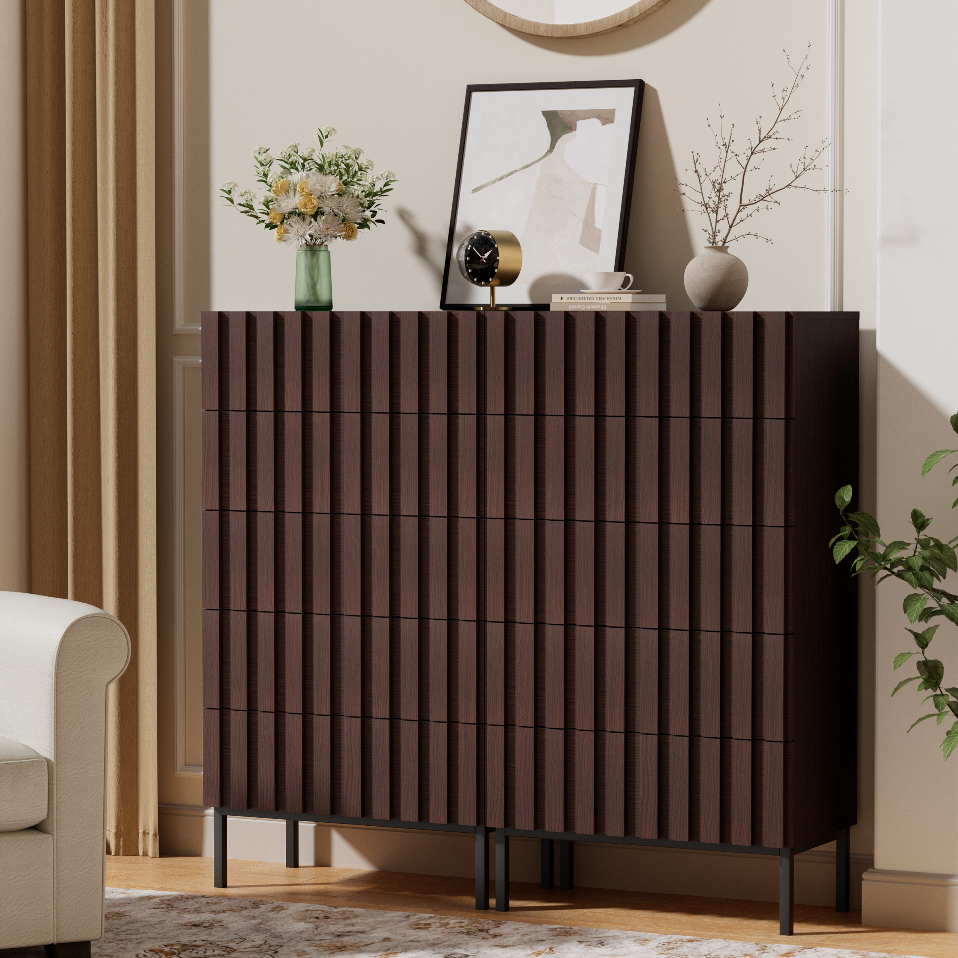 UEV Kommode schmal mit 4/5 Schublanden Sideboard Beistellschrank Buffet (Aufbewahrungskommode, Mehrzweckschrank aus Holz(Natur/Schwarz/Dunkelbraun), Schrank für Wohnzimmer,Schlafzimmer,Flur