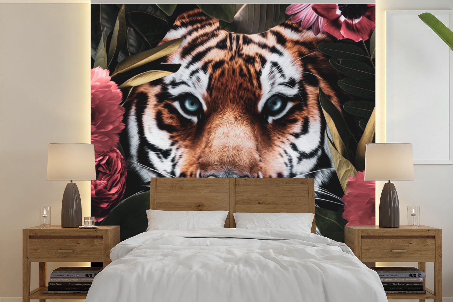 MuchoWow Fototapete Tiger - Blumen - Dschungel, Matt, bedruckt, (5 St), Vinyl Tapete für Wohnzimmer oder Schlafzimmer, Wandtapete