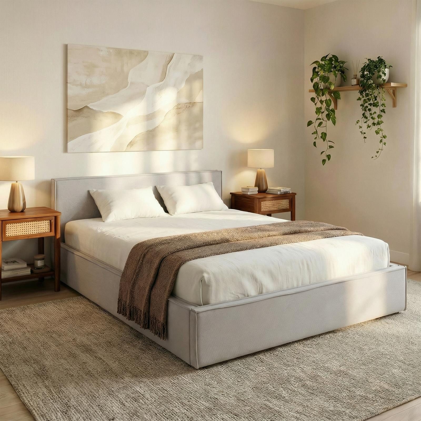 IDIMEX Polsterbett PESARO, Doppelbett 140x200 cm mit Lattenrost Kopfteil Leinen Optik Hellgrau