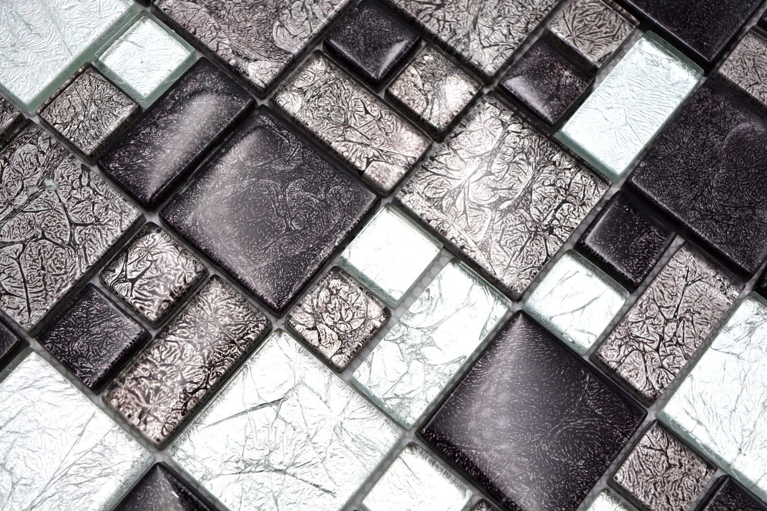 Mosani Struktur silber Mosaikfliesen Mosaikfliese Kombination Glasmosaik schwarz grau