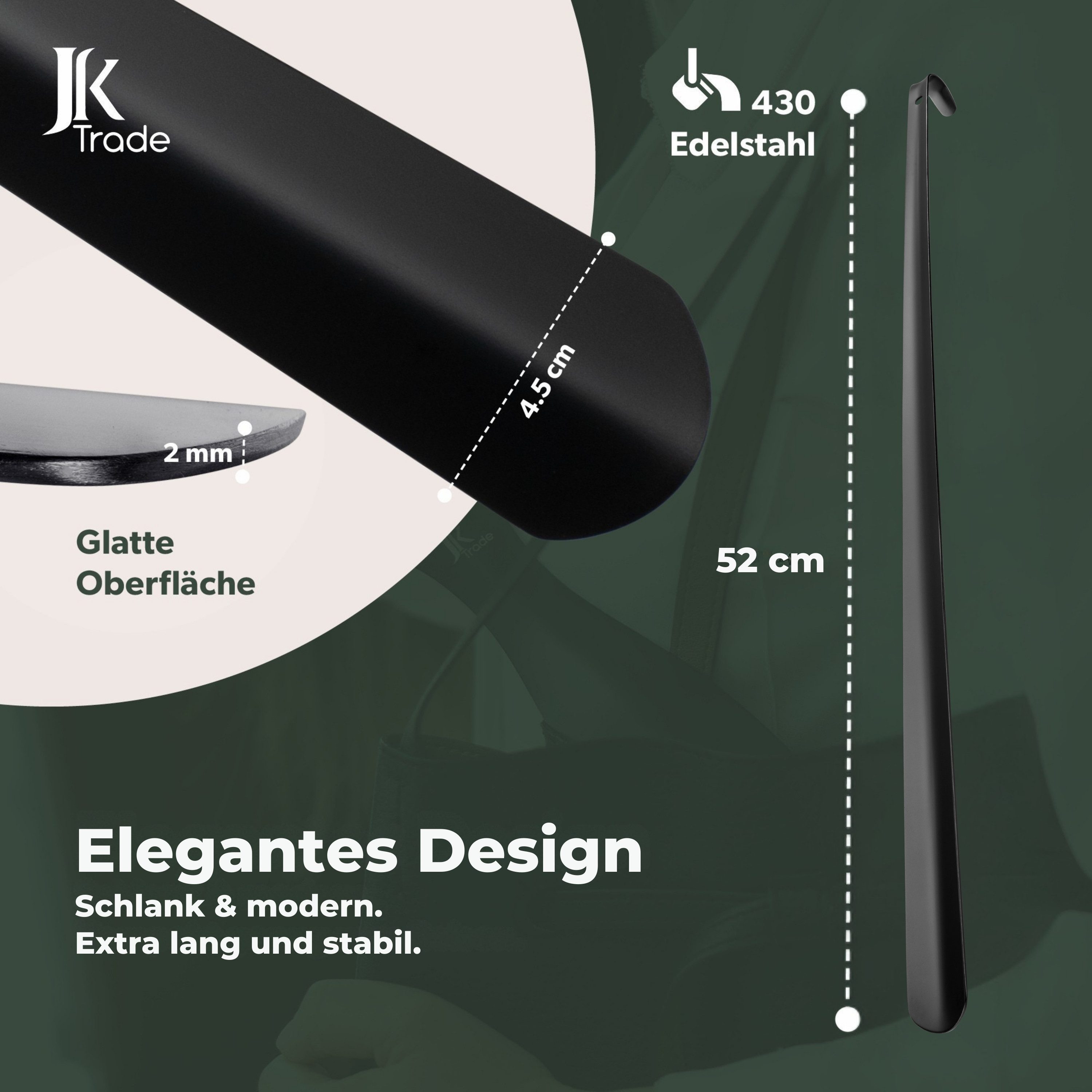 JK Trade Schuhlöffel 52cm Edelstahl Schwarz pulverbeschichtet (1-tlg., lang & stabil), Metall Schuhanzieher lang zum Stehen, Aufhängbar, 2mm Extra Stabil