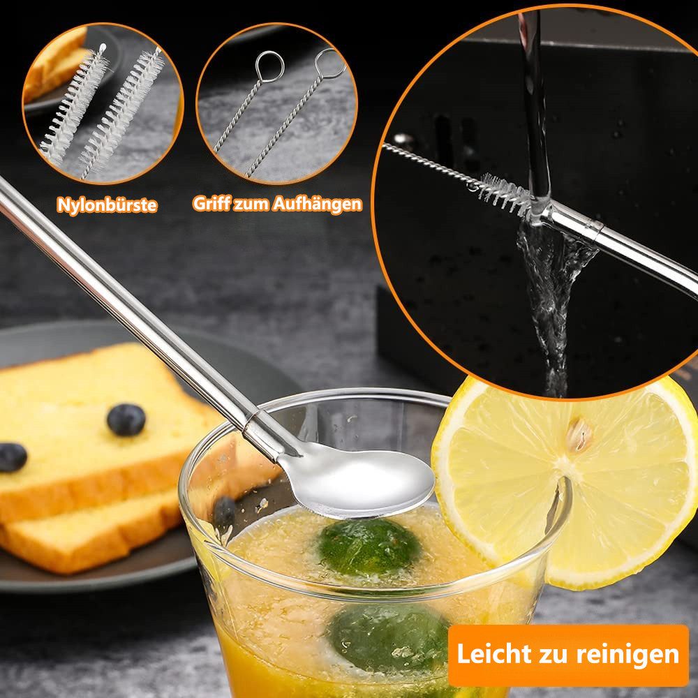 FOUORTUNATE-BEE Trinkhalme 10 Stück Edelstahl Trinkhalme Trinkhalmlöffel Löffelstrohhalme, (Wiederverwendbare Löffelhalme mit 2 Stück Strohhalm Reinigungsbürste – Bild 4 von 5