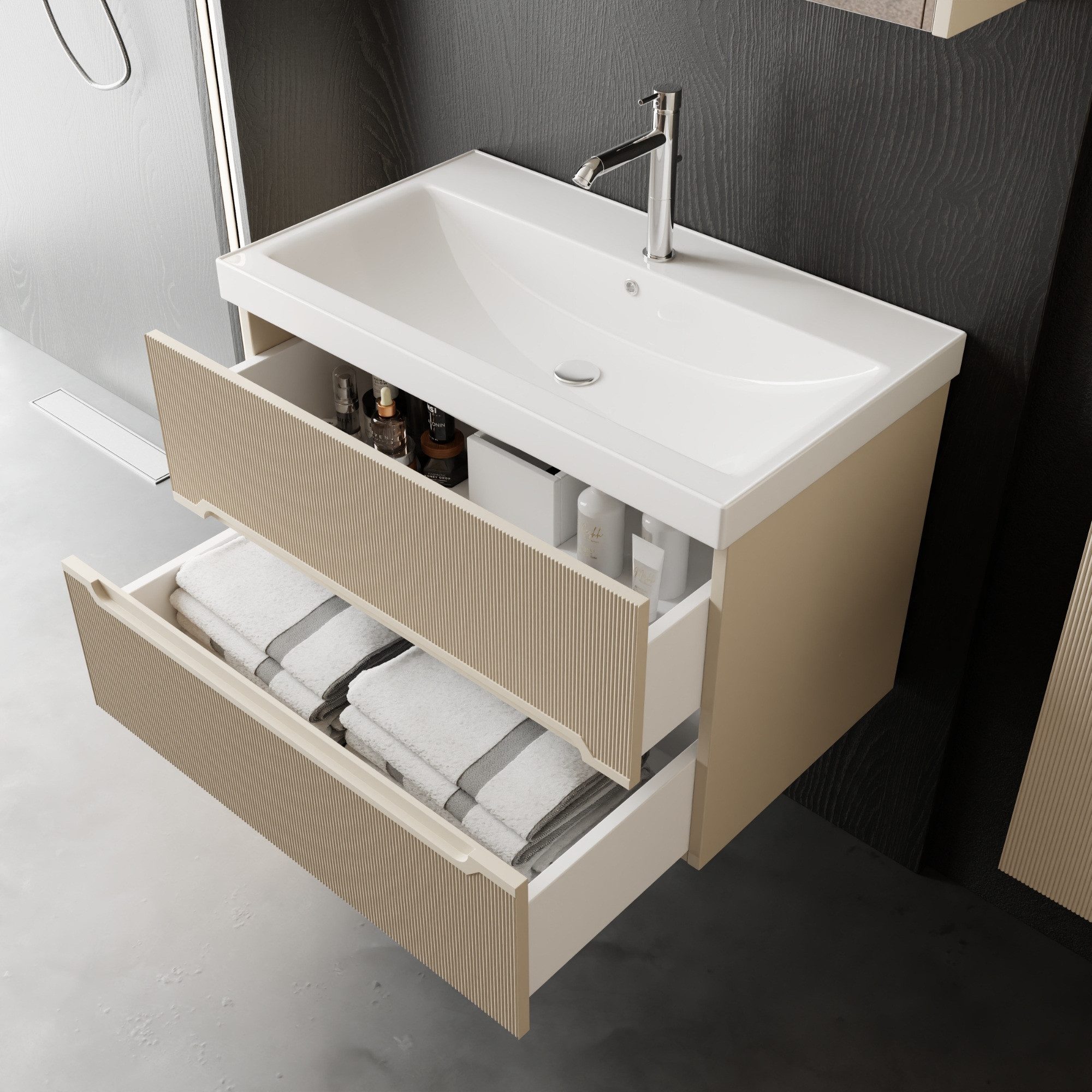 Karen Badmöbel-Set Badmöbel Set Bella, (Komplett-Set, Standartmäßig 3-Teilig (Unterschrank, Spiegelschrank, Waschbecken), 3-St., Der Lieferumfang umfasst Unterschrank, Spiegelschrank und Waschbecken), Kaschmirbeige, Riffeloptik, Griffmulden, Softclose