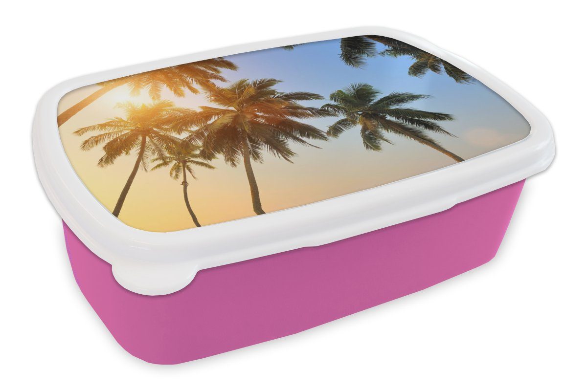 MuchoWow Lunchbox Palme - Sonne - Sommer - Tropisch, Kunststoff, (2-tlg), Brotbox für Erwachsene, Brotdose Kinder, Snackbox, Mädchen, Kunststoff rosa