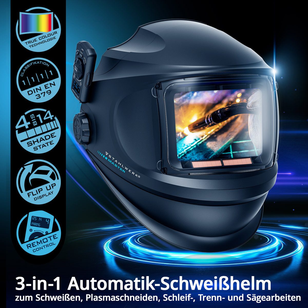 STAHLWERK Schweißhelm Automatik Schweißhelm MASTER 1/1/1/1 mit Fernbedienung + Schweißhaube (Set, 1-tlg., Set), True-Colour-Echtfarbwiedergabe