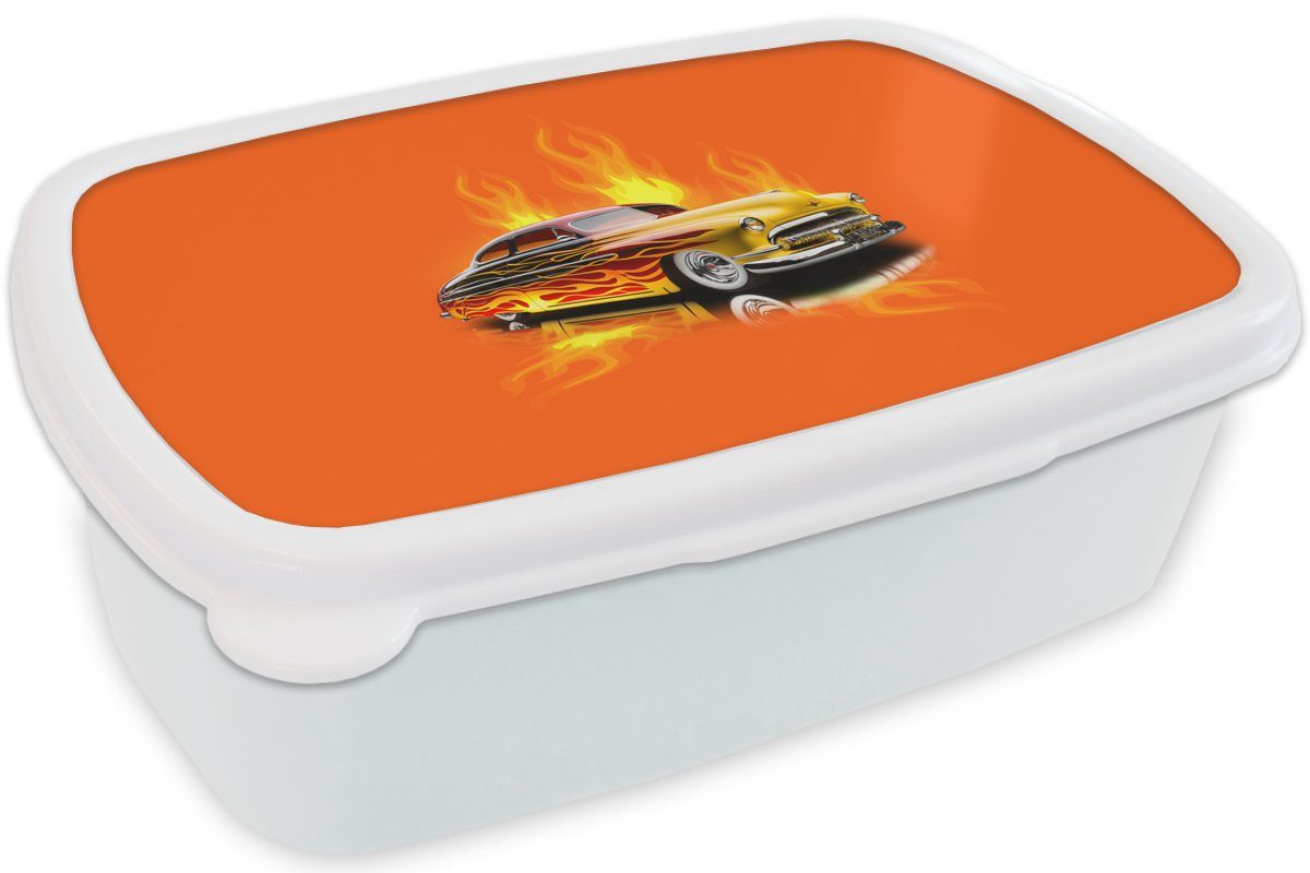 für und Erwachsene, Orange - Vintage, - Jungs Auto Brotbox für (2-tlg), Flammen Feuer und MuchoWow Brotdose, weiß Kunststoff, Kinder Mädchen - - Lunchbox