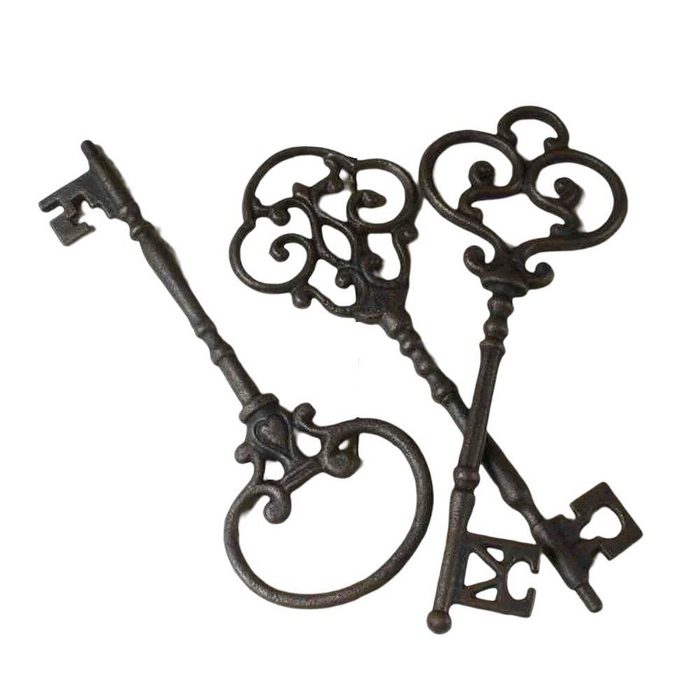 Linoows Dekoobjekt Barock Schlüssel Set 3 große Mittelalter Schlüssel (Set) 3 große Mittelalter Schlüssel Garten Dekoration aus Gußeisen