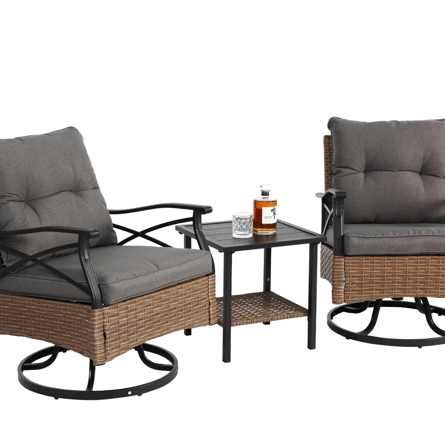 autolock Schaukelsessel Outdoor drehbare Schaukelstühleset mit 1 Tisch und 2 Schaukelstühle, Unterstützung 350lbs Wicker Outdoor Möbel Patio Gesprächssatz