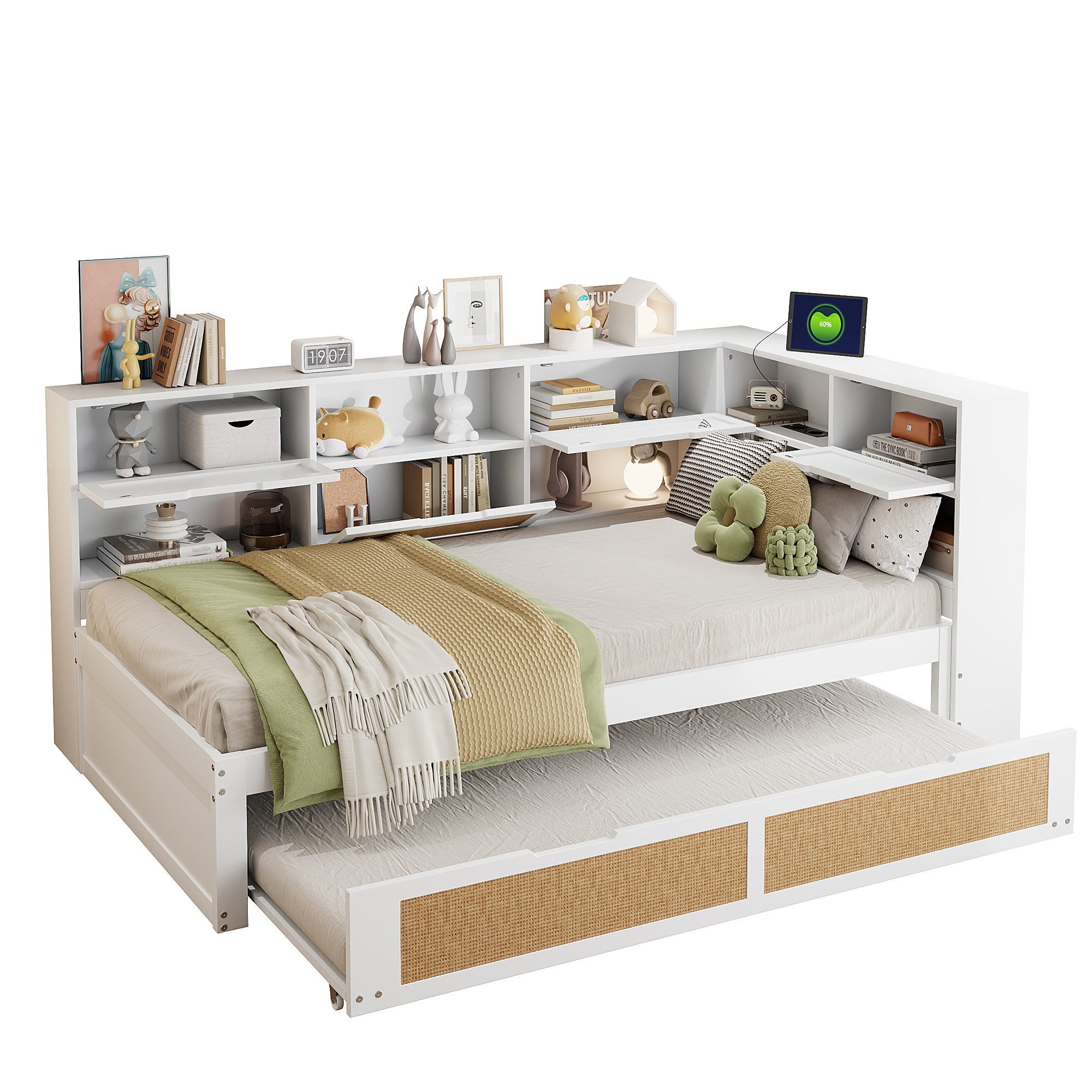 Odikalo Ausziehbett Kinderbett Daybett Schlafsofa Unterbett Staufächern USB-Lade 90x200cm