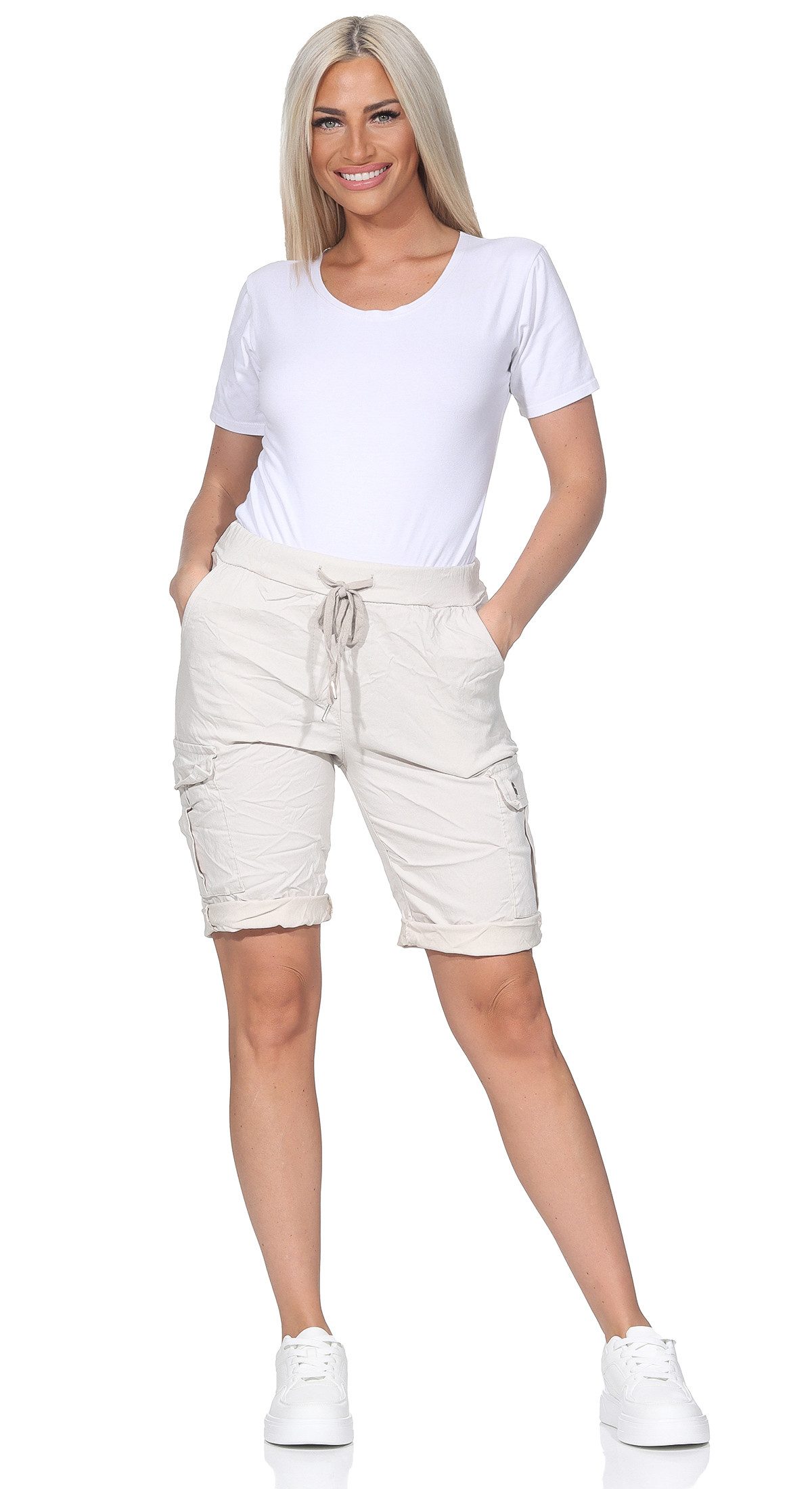 OriginalYou Cargoshorts Damen kurze Sommer Hose Stretch Bermuda Gummizug und Schnürung moderner Knitterlook, mit Gummizug & Schnürung