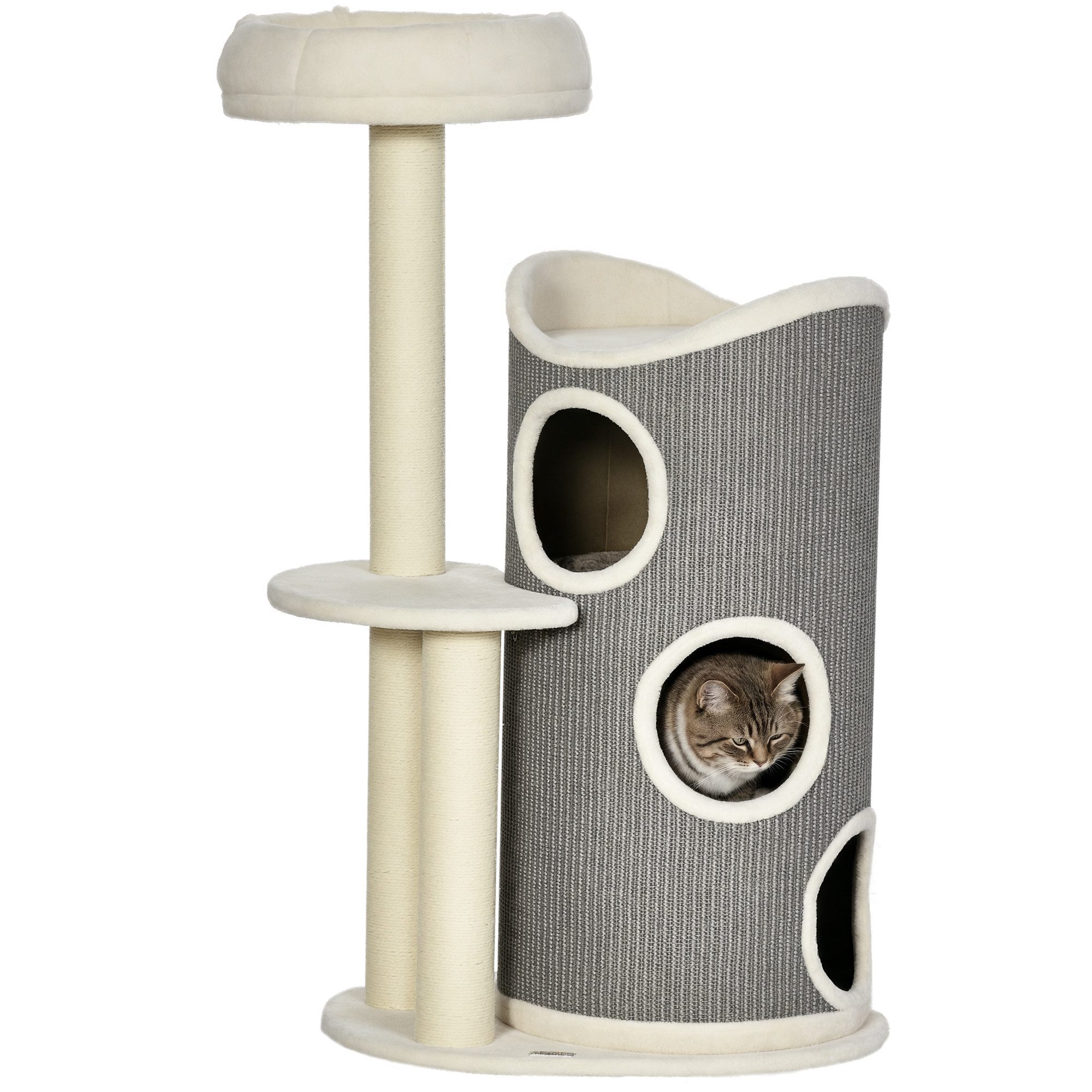 PawHut Kratzbaum Katzenturm mit Kratztonne, Katzenbett, Weiß+Grau, 60x44,5x109 cm – Bild 2 von 5