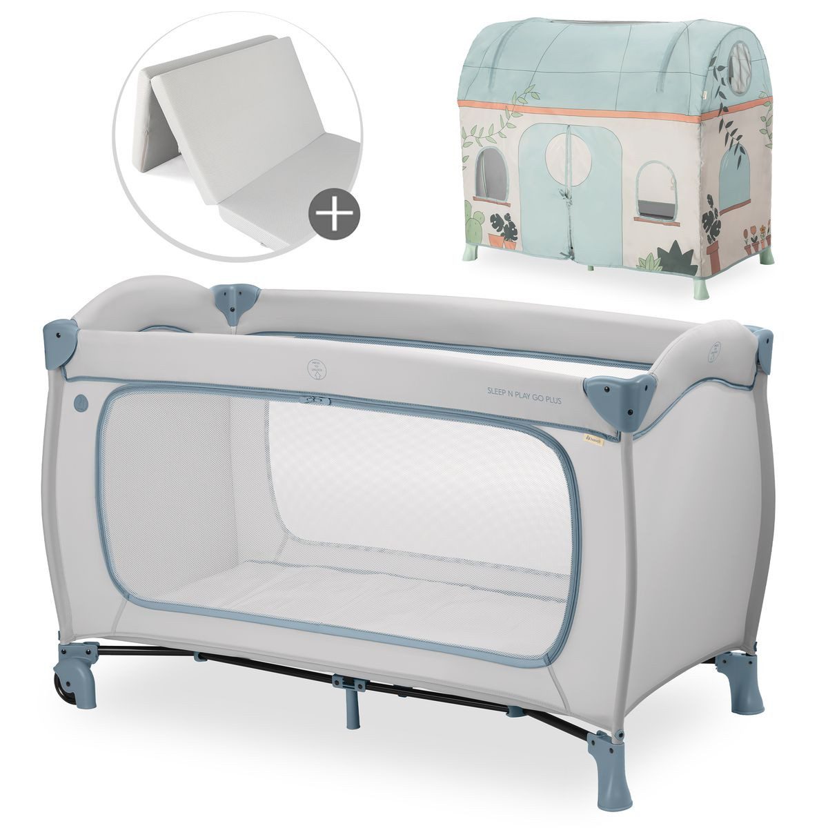 Hauck Baby-Reisebett Sleep N Play Go Plus Set - Dusty Blue, Baby Kinder Reisebett mit Seiteneingang, Matratze, Spielzelt & Rollen