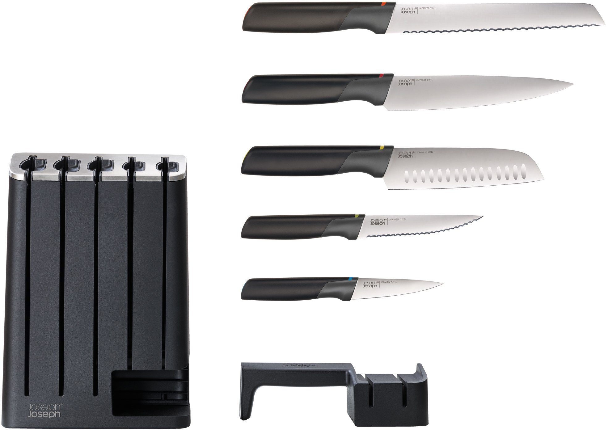 Joseph Joseph Ножиblock Elevate (7tlg), 5 Ножи mit Klingen aus japanischem Edelstahl, Ножиschärfer