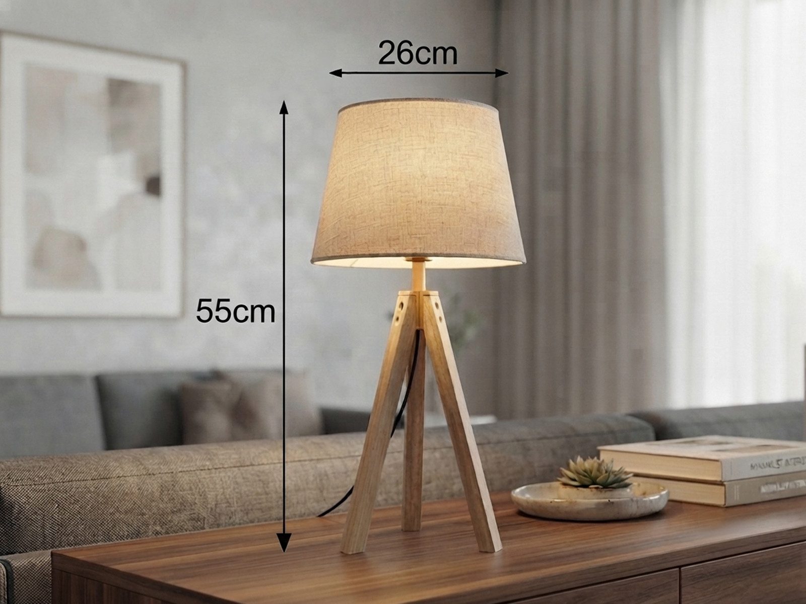 meineWunschleuchte Tischleuchte mit Holz & Leinen Lampenschirm Höhe 55cm, ohne Leuchtmittel, große Tischlampe skandinavisch, Beistelllampe mit E27 Stoffschirm – Bild 3 von 5