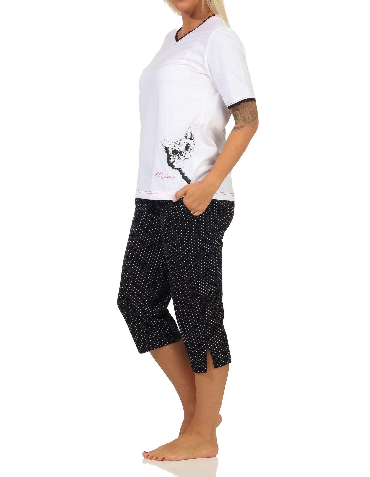 Normann Pyjama Süsser Damen Capri Schlafanzug kurzarm Pyjama mit Katze als Motiv
