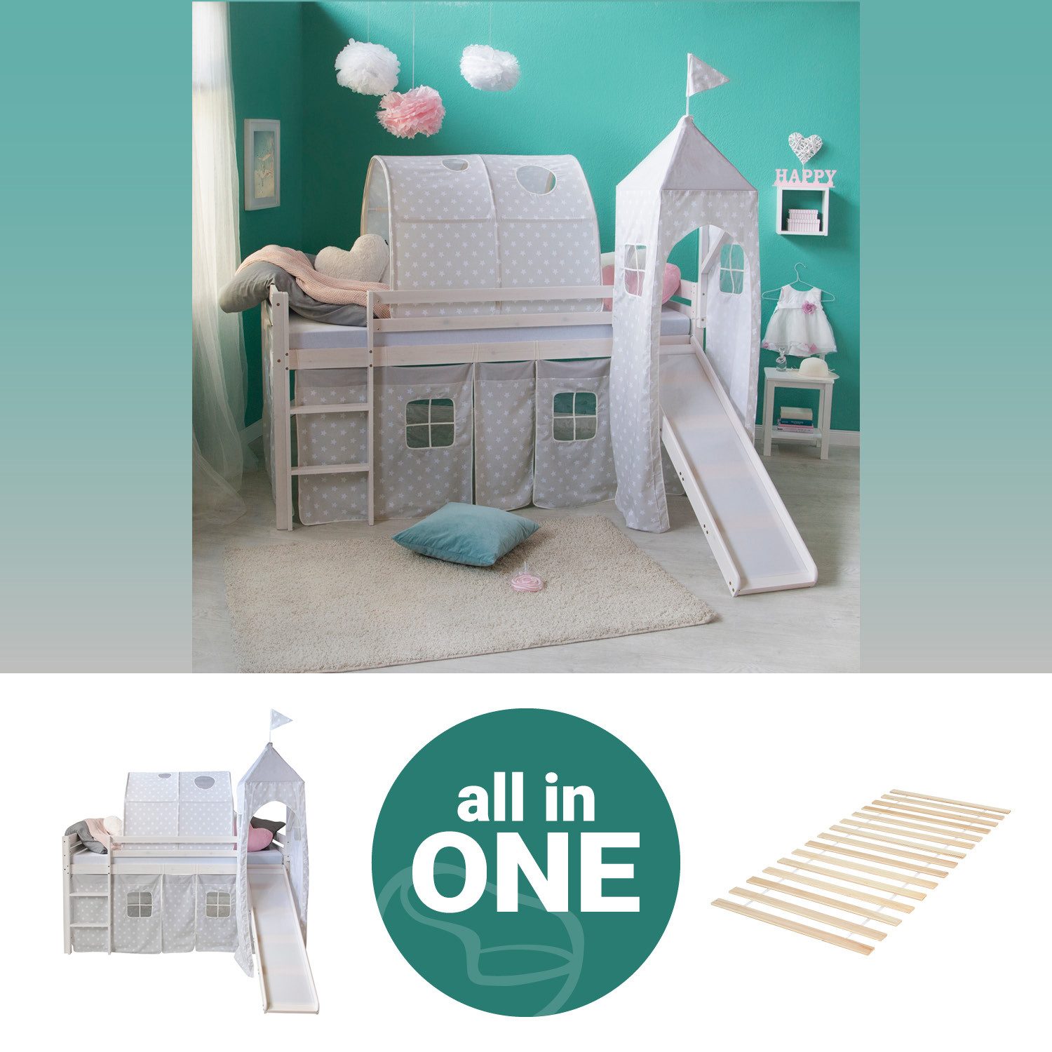 Homestyle4u Hochbett 90x200 Weiß mit Vorhang günstig online kaufen