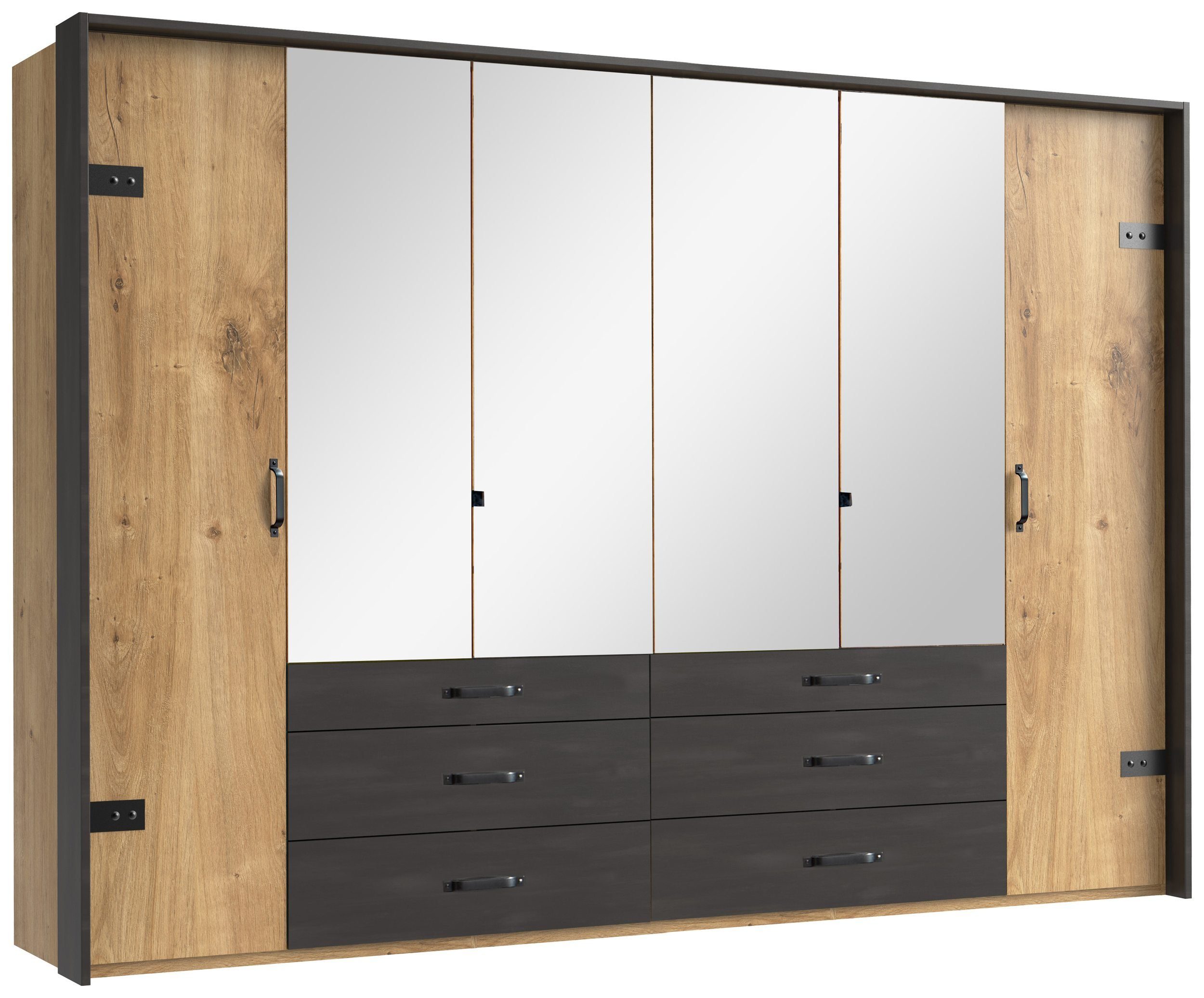 Stylefy Drehtürenschrank Sydney Plankeneiche (Kleiderschrank, Mehrzweckschrank) 4-türig, aus Holzwerkstoff, mit Schubladen, Modern Design, mit Spiegel, viel Stauraum, Metall