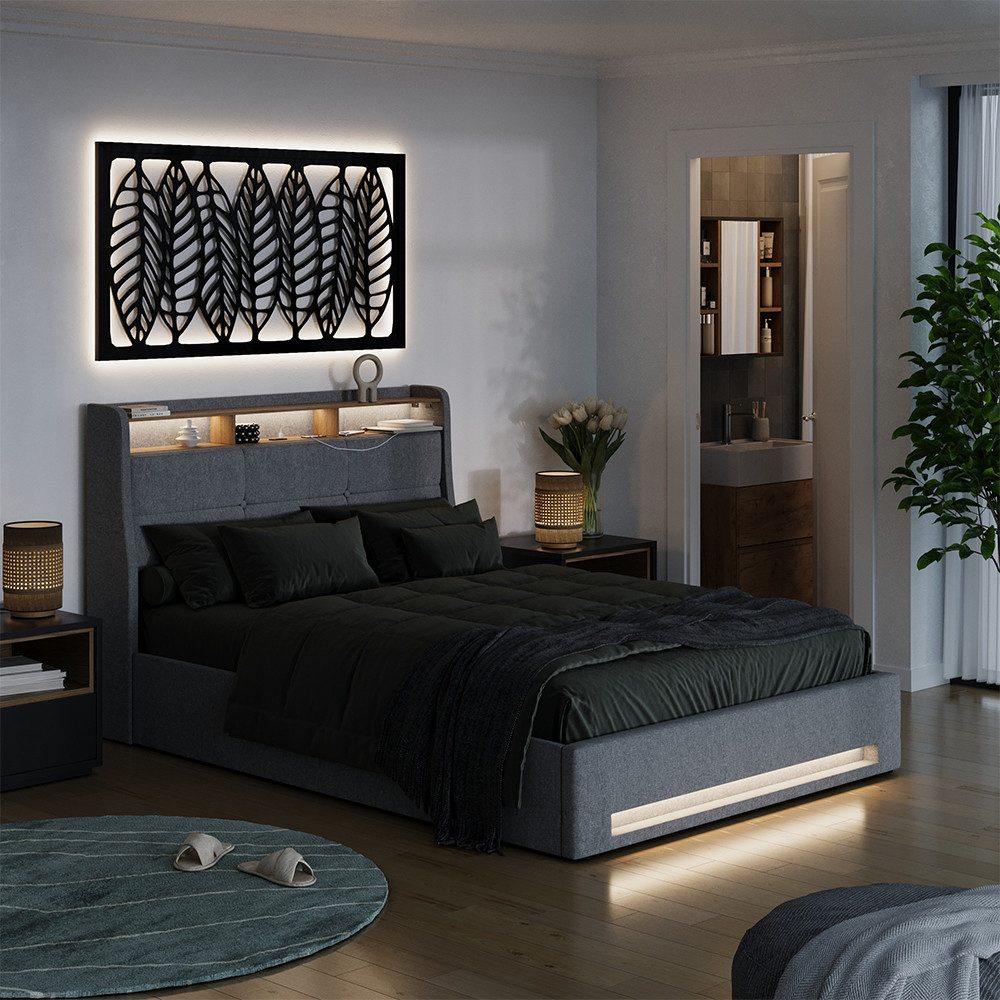 VitaliSpa® Polsterbett Christin, Grau/Eiche, mit LED und USB-Anschluss (1-tlg)