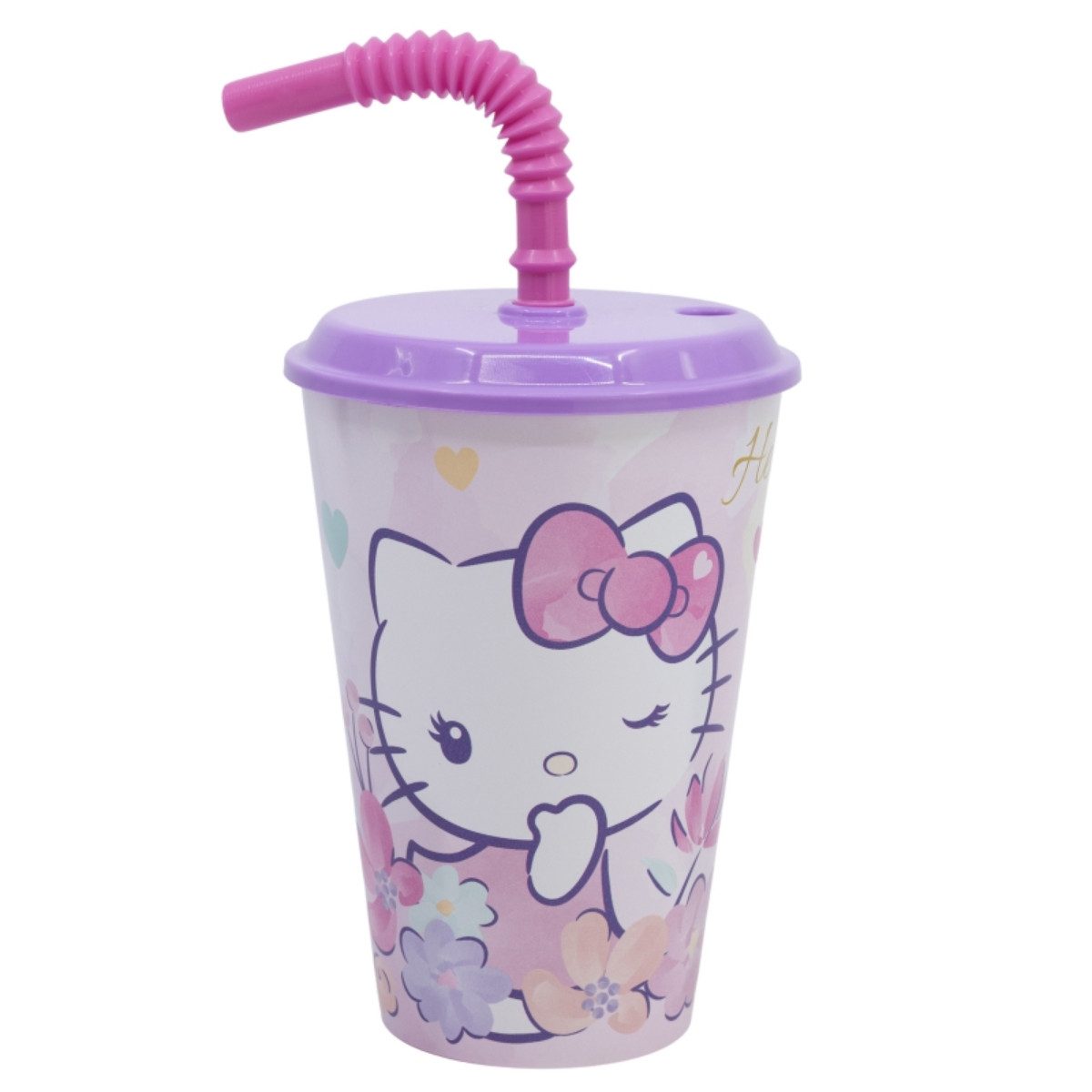 Hello Kitty Trinkflasche Trinkbecher 430 ml mit Deckel und Strohhalm