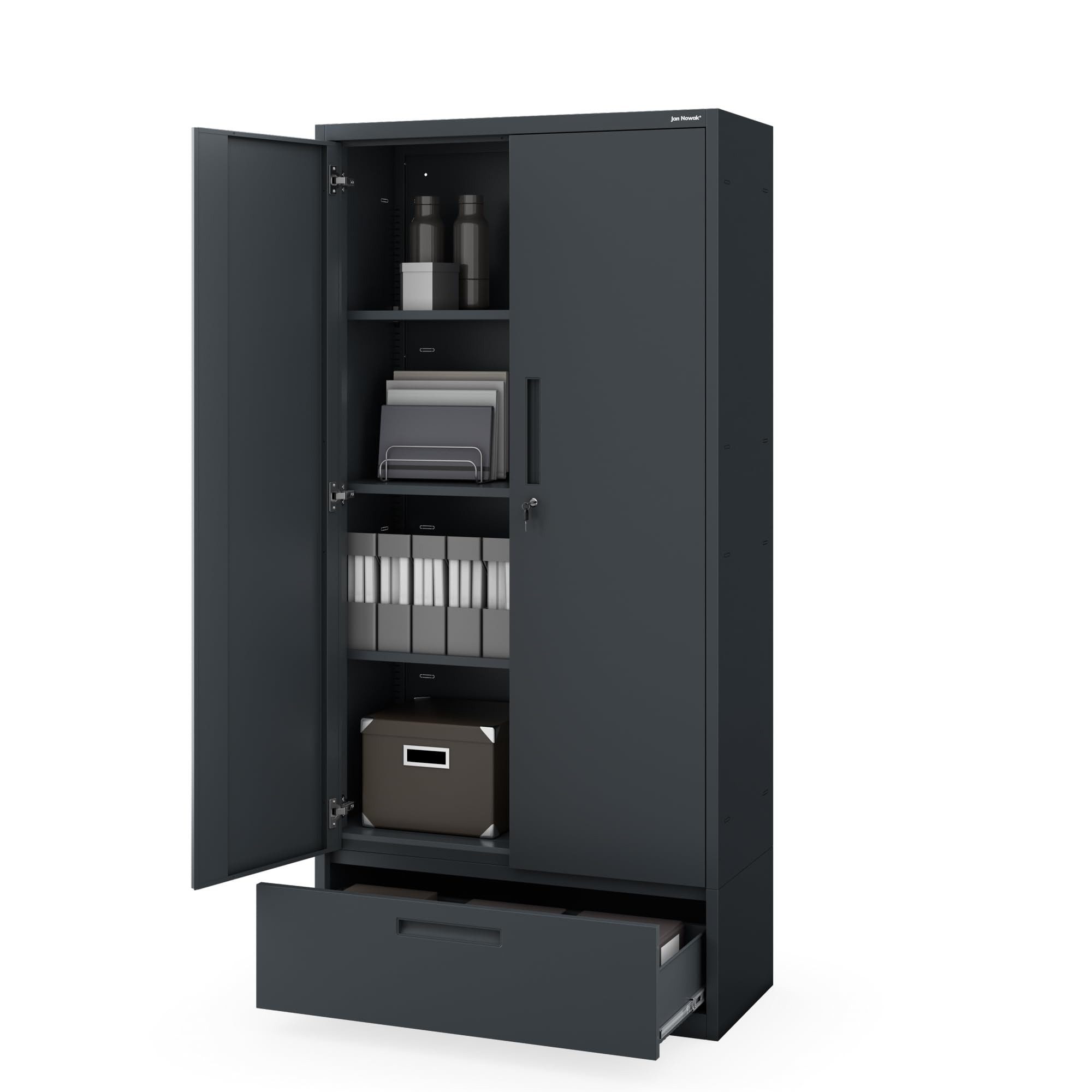 Jan Nowak Aktenschrank Metall Büroschrank 90 cm MEGAN 1 Schublade 30 cm abschließbar (0,6 mm Wandmontage möglich PZH-zertifiziert) Stahl 4 Böden Schloss 2 Schlüssel robust 4 Farben 185 cm