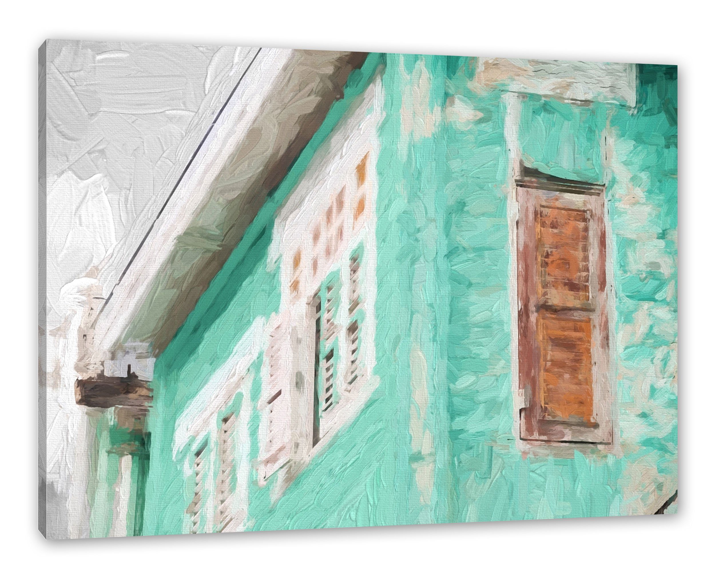 fertig inkl. Leinwandbild karibisches Zackenaufhänger karibisches Pixxprint altes Haus Haus, altes bespannt, (1 Leinwandbild St),