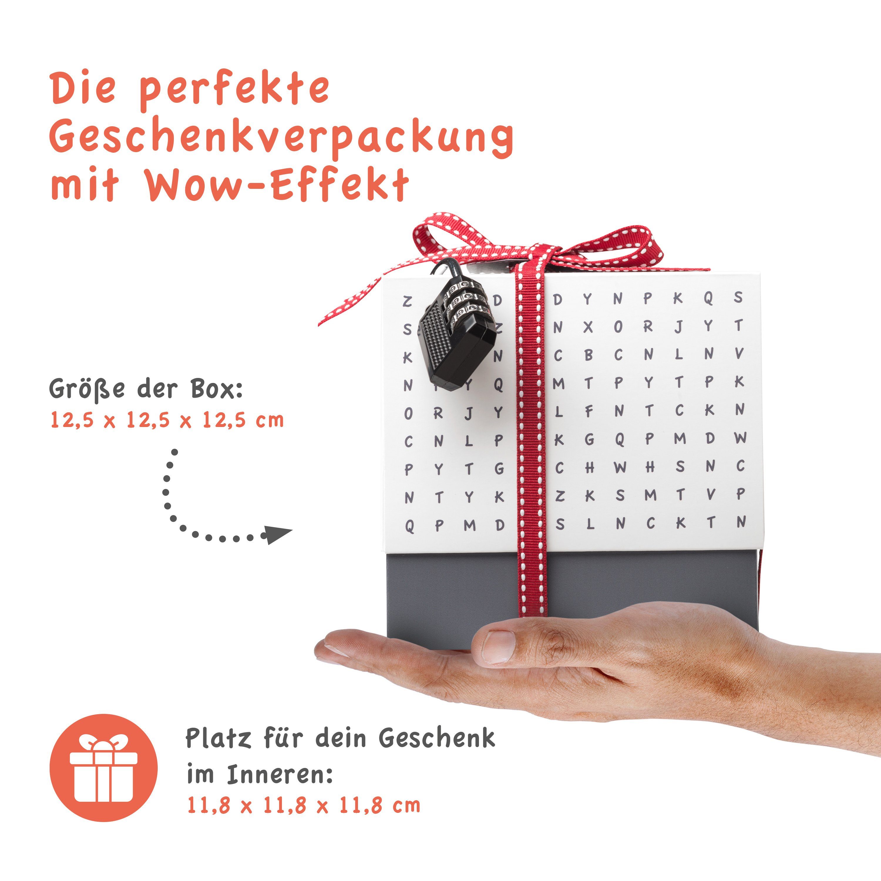 SURPRISA Geschenkbox Rätzel Geschenkbox, Geldgeschenk Verpackung & Gutschein Geschenk Box (inkl. 3-stelligem Zahlenschloss), Geschenkkarton Buchstaben-Rätsel, 12,5 x 12,5 x 12,5 cm, weiß