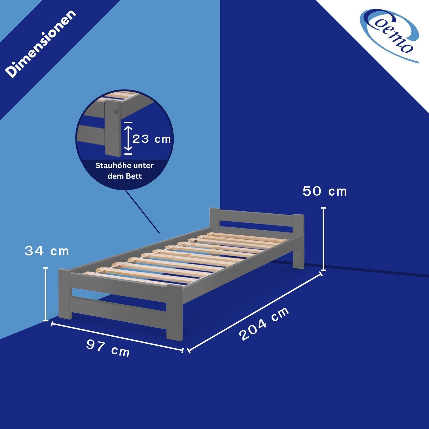 Coemo Holzbett CLASSICO (Bettgestell mit Lattenrost), Anthrazit Holzbett Bettgestell mit Lattenrost Kiefer 90 x 200 cm